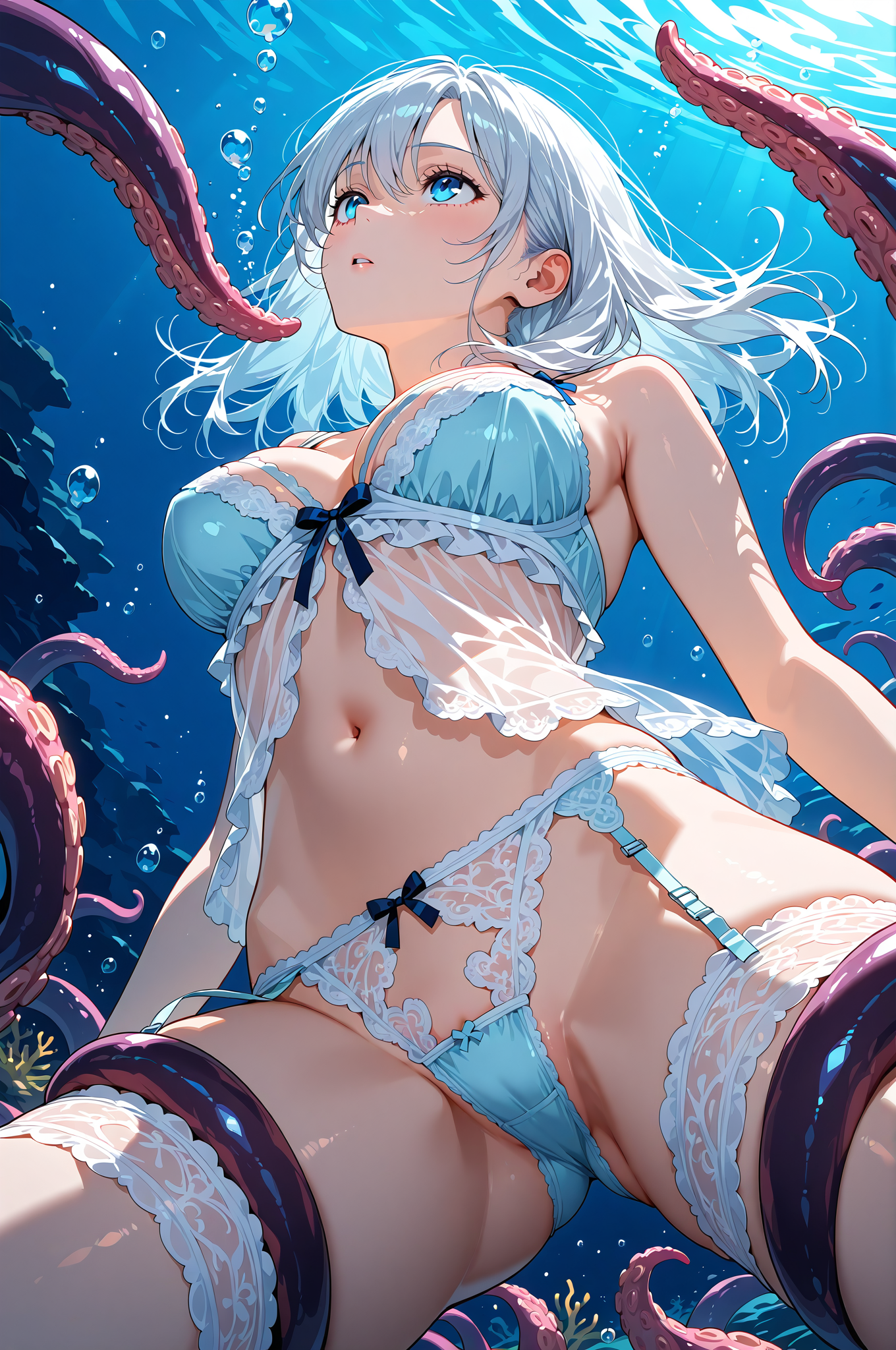 深青の海に浮かぶ銀髪の少女 #anime #cartoon #cg artwork