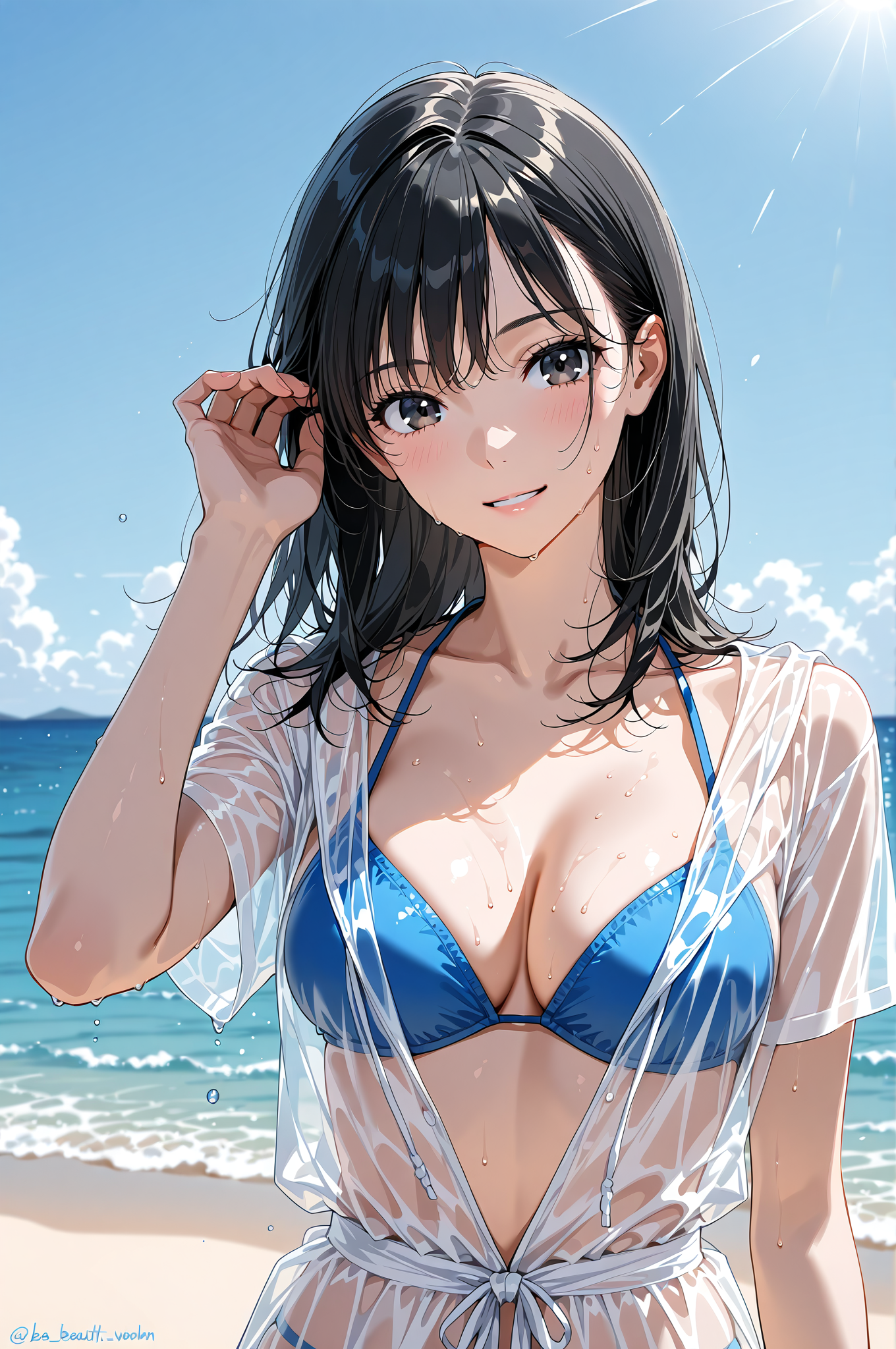 青い海と夏空、黒髪の微笑み #美少女 #アニメ調 #屋外