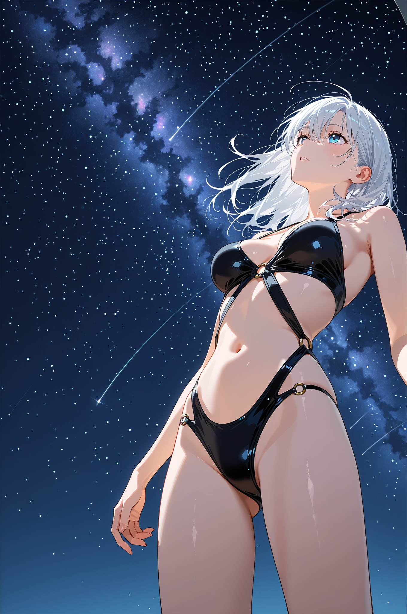 星空を見つめる銀髪の少女 #アニメ調 #美少女 #青空