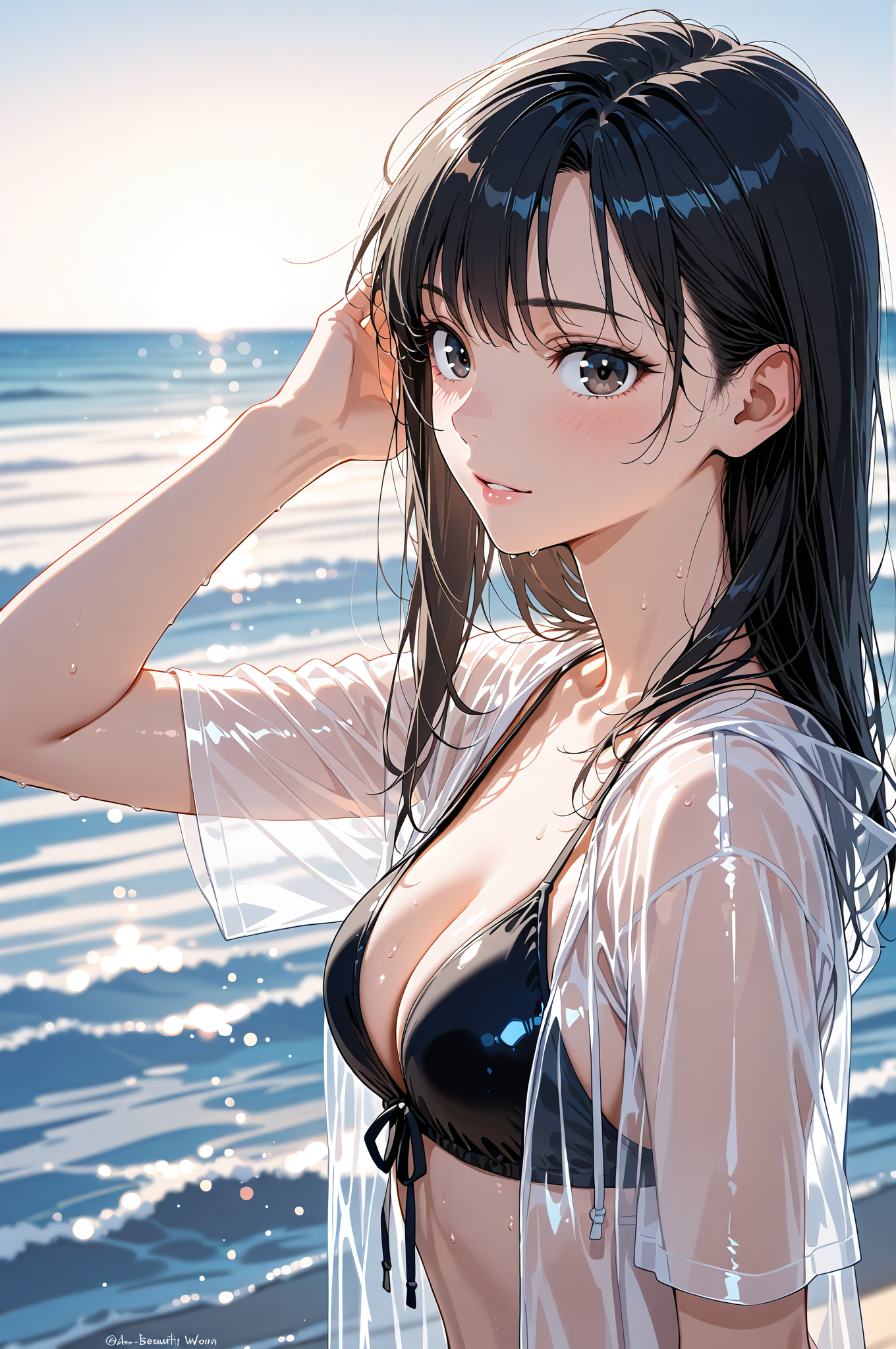 海辺で髪をかき上げる黒髪美少女のポートレート #美少女 #アニメ調 #CGアート
