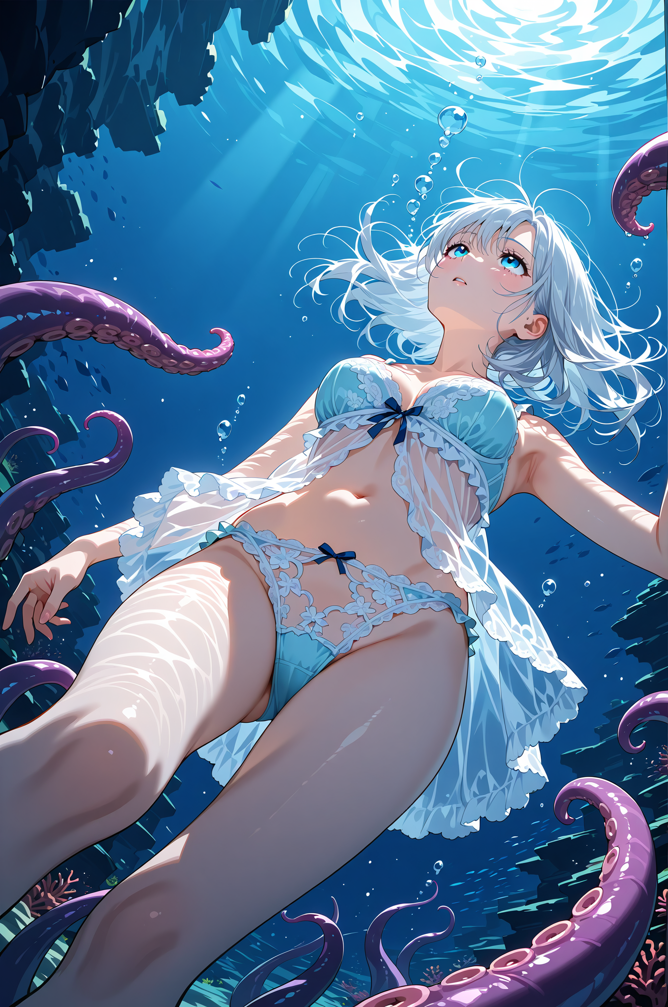 深海の幻想世界で舞う白髪の少女 #swimming #water