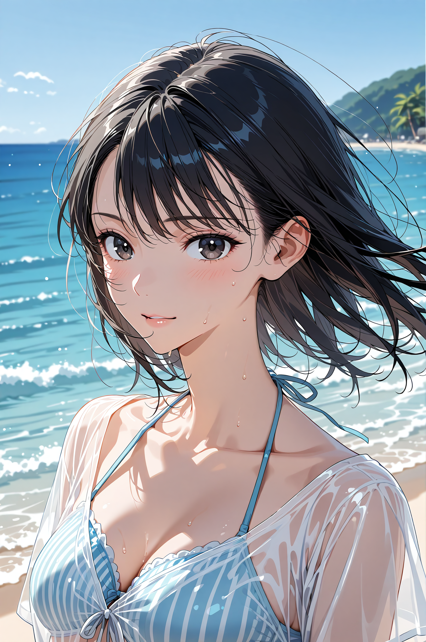 海辺で微笑む黒髪の少女 #美少女 #アニメ調 #笑顔