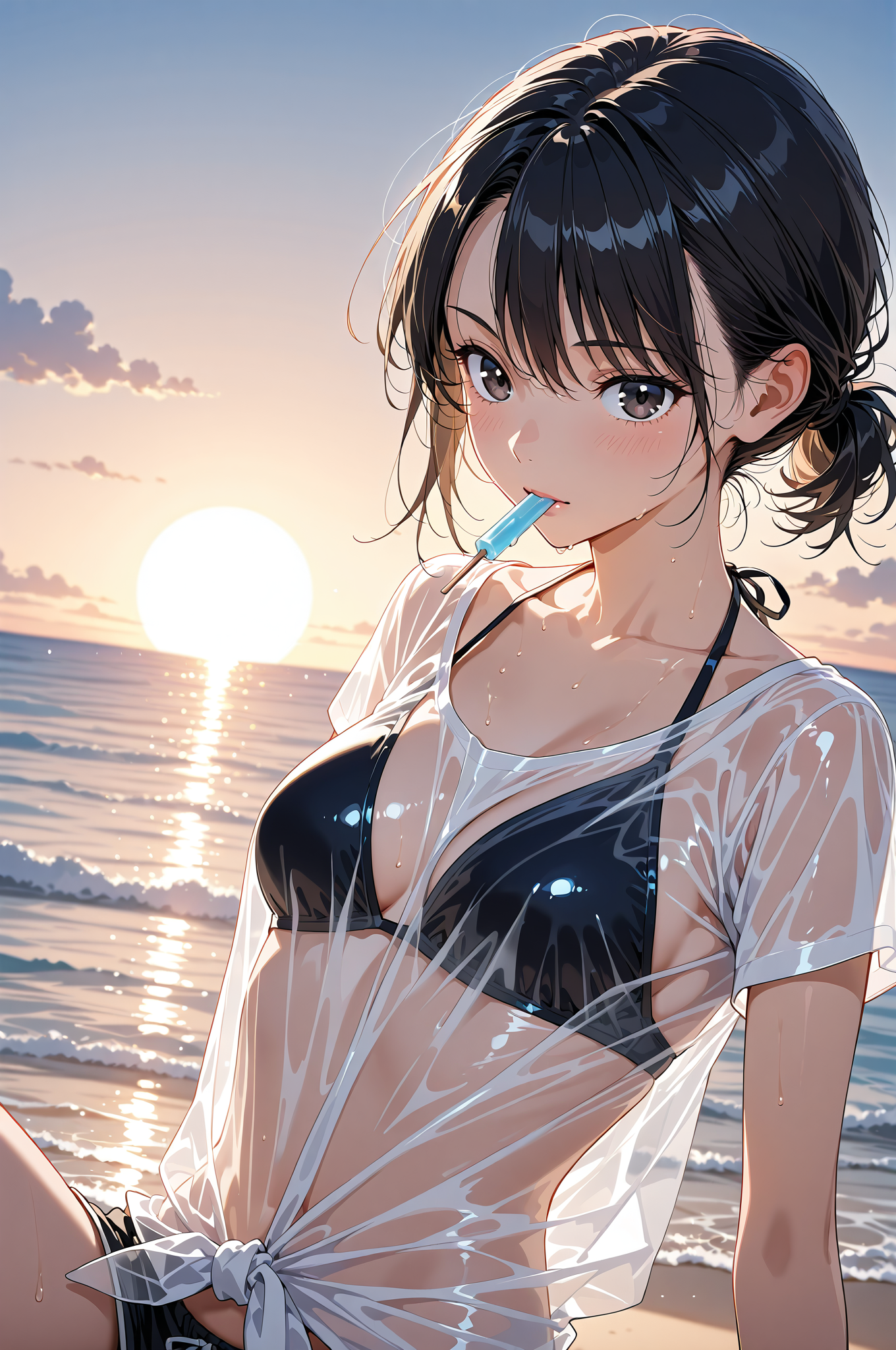 夕焼けビーチでアイスキャンディを頬張る少女 #美少女 #アニメ #屋外