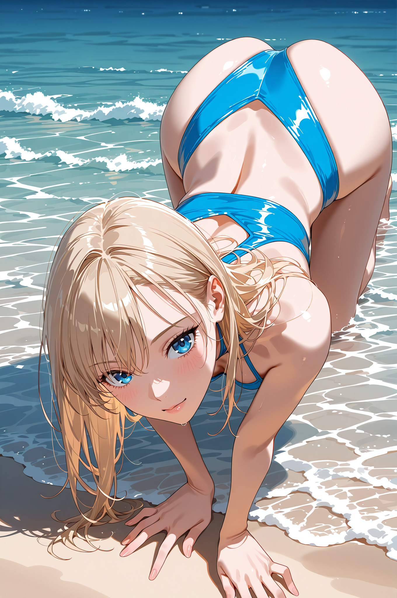 青い水着の美少女、海辺の笑顔 #美少女 #水着 #かわいい