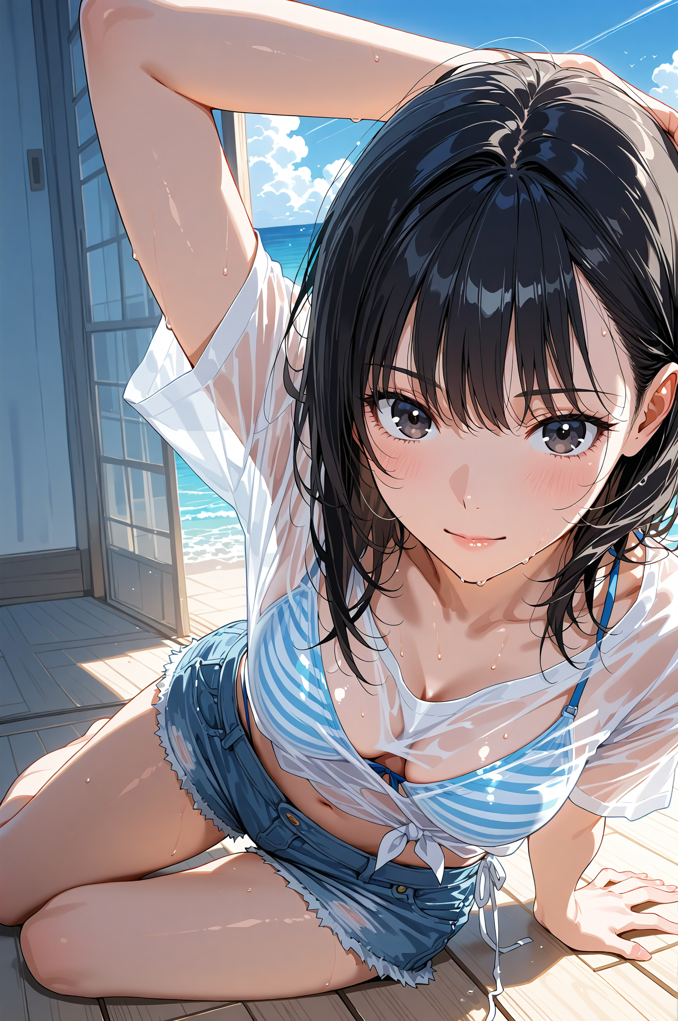 海辺のテラスで微笑む黒髪の少女 #美少女 #アニメ調 #かわいい