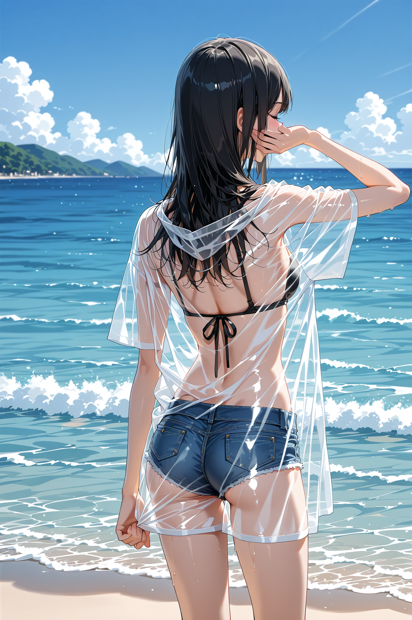 夏の海辺で振り返る黒髪のアニメ調少女 #美少女 #屋外 #空