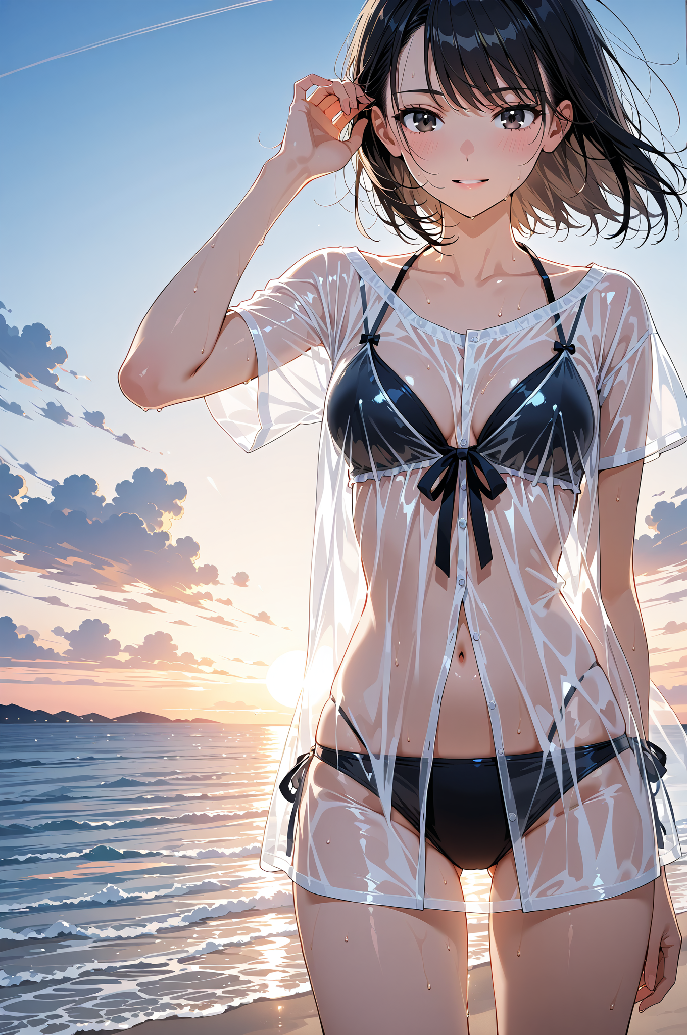 夕焼けビーチでの爽やかなポートレート #美少女 #アニメ調 #屋外