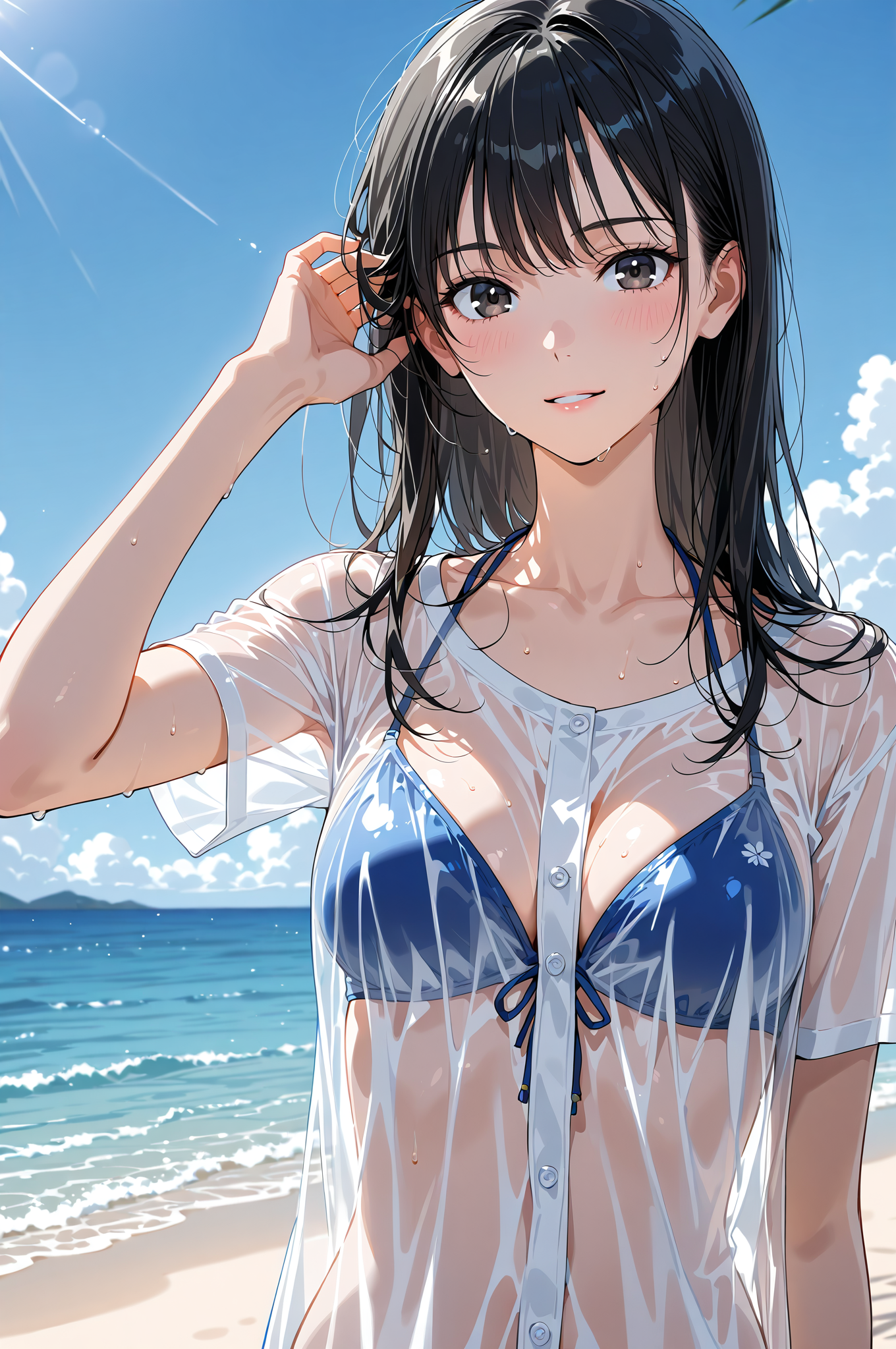 青い空と海を背に微笑む黒髪の少女 #美少女 #アニメ #屋外