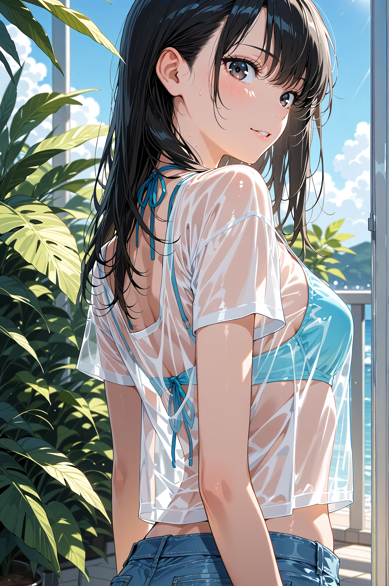 青リボンと観葉植物、爽やかな窓辺のポートレート #美少女 #アニメ調 #かわいい