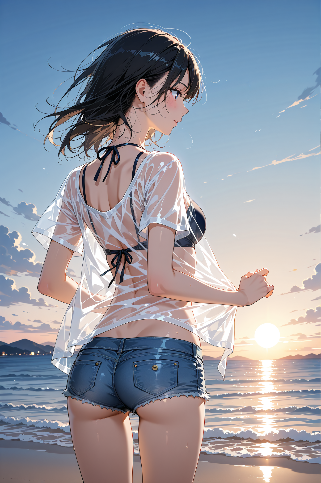 夕焼けビーチの白シャツ少女 #美少女 #アニメ #屋外