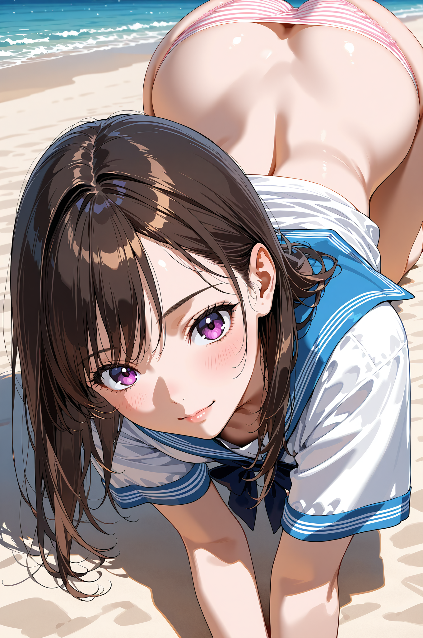浜辺で笑顔のポートレート、紫紅色の瞳 #アニメ #美少女 #かわいい