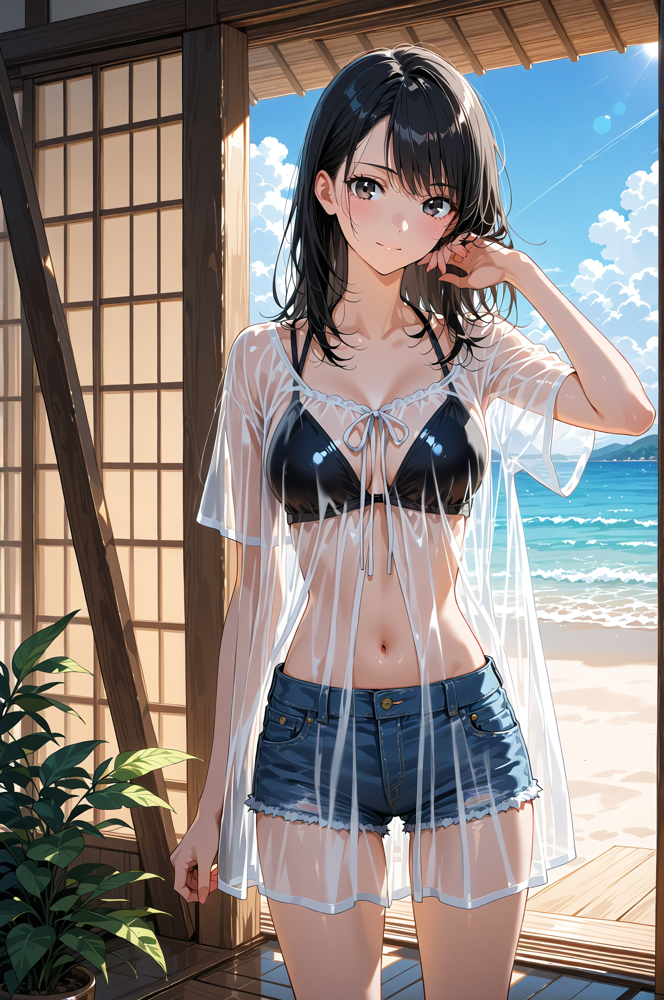 海辺のテラスで微笑む黒髪の少女 #美少女 #アニメ #衣装