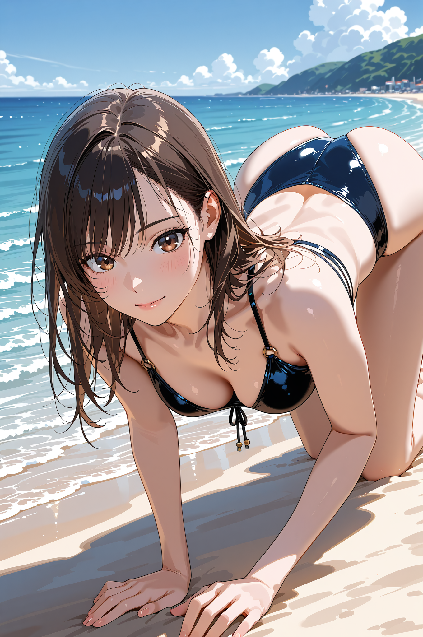 海辺の青空ポートレート、黒髪の少女 #美少女 #水着 #屋外