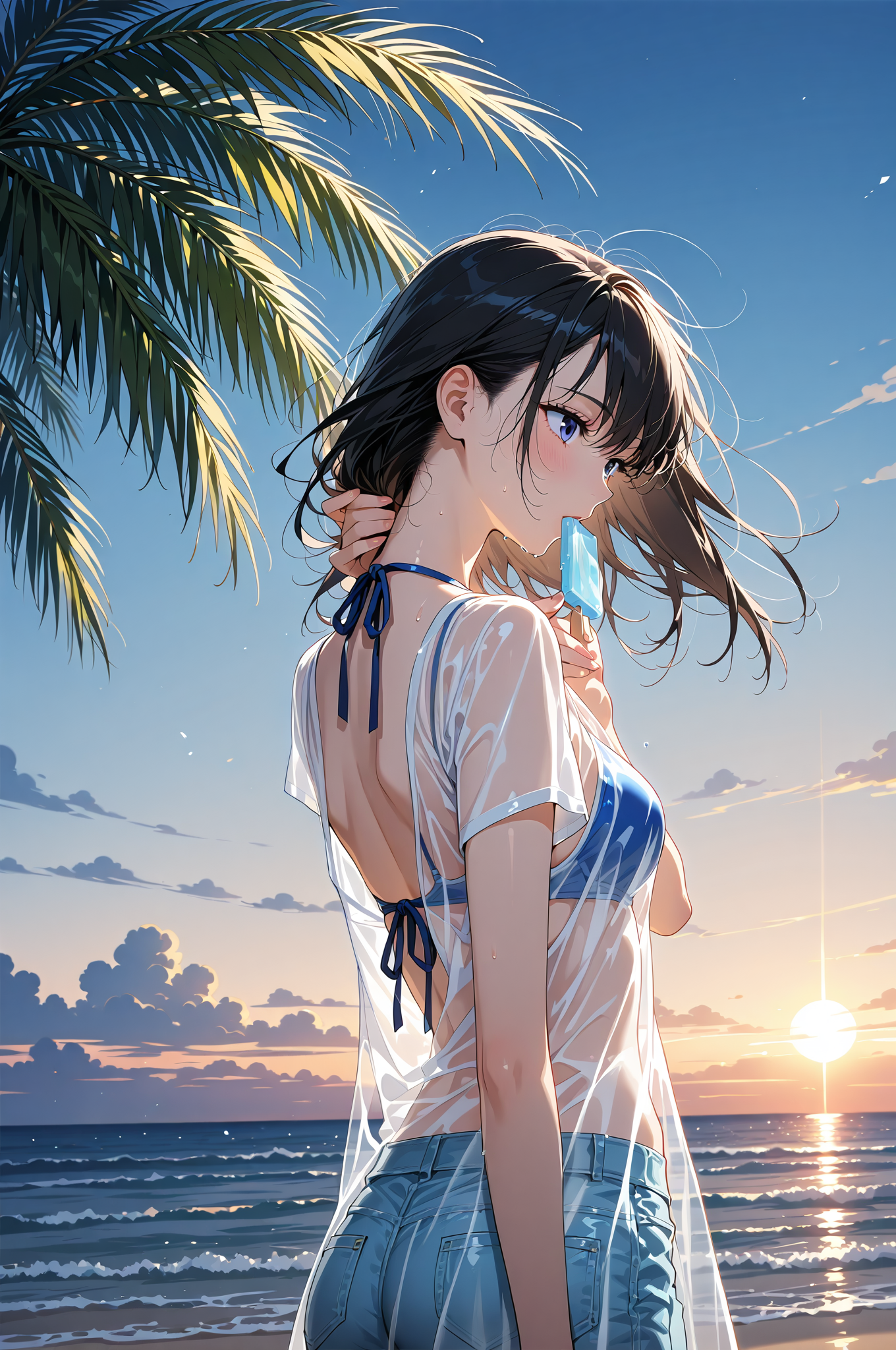 夕焼けビーチで微笑む、白いシャツの少女 #美少女 #アニメ調 #屋外