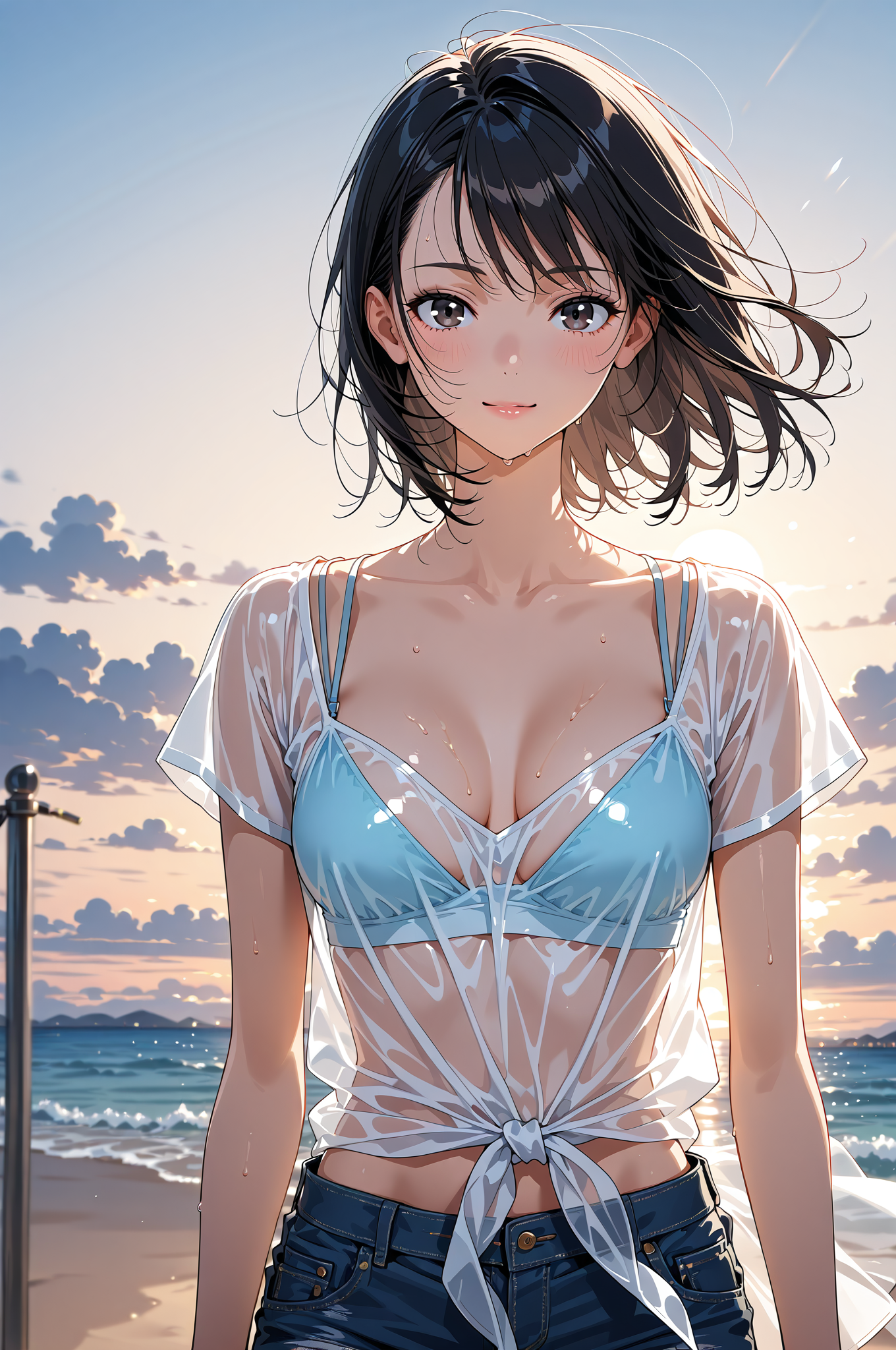海辺の夕焼けに映える黒髪ショートの少女 #美少女 #アニメ調 #屋外