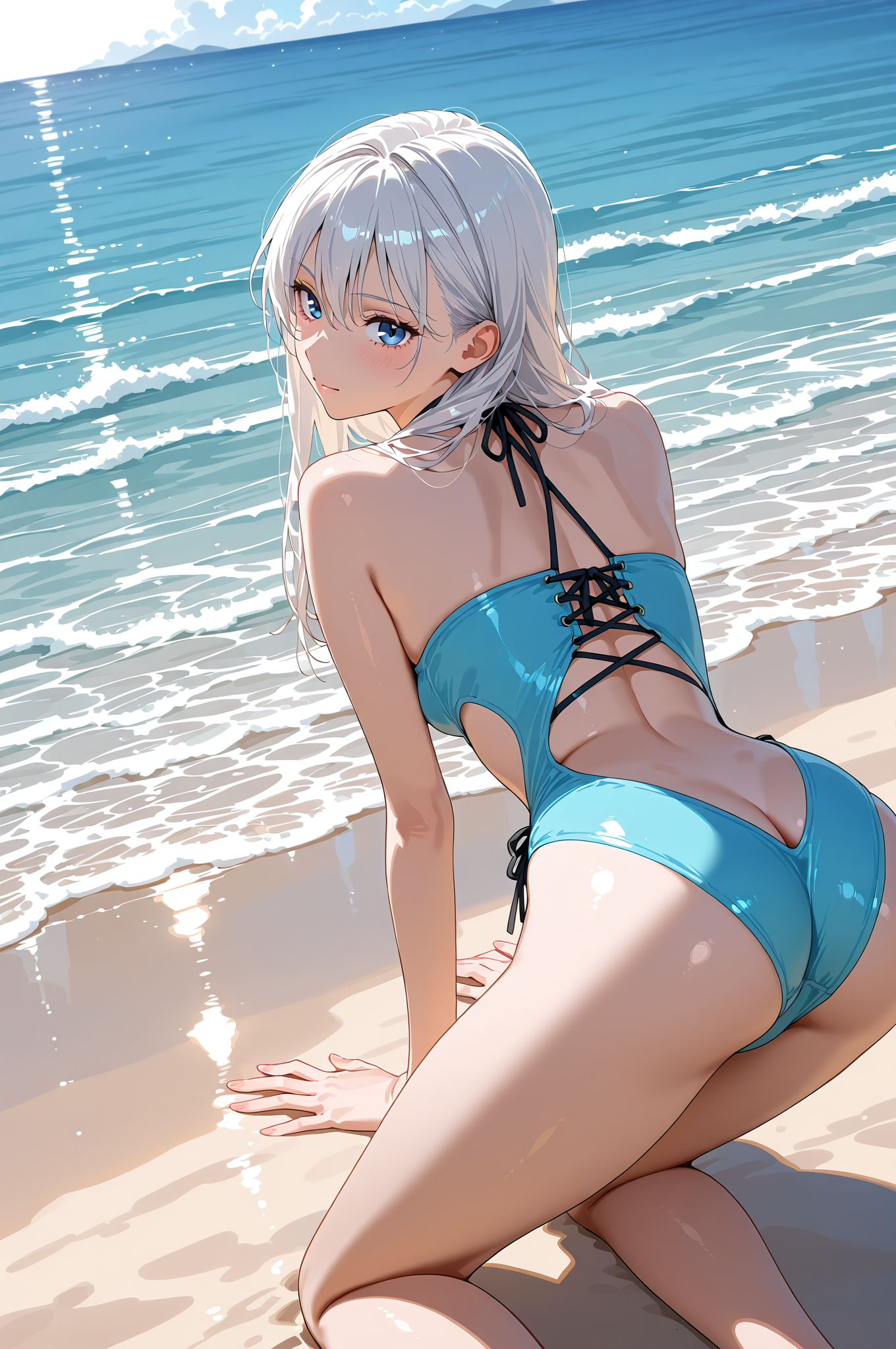 白髪の少女が浜辺で笑顔を見せるビキニ姿 #水着 #美少女 #かわいい