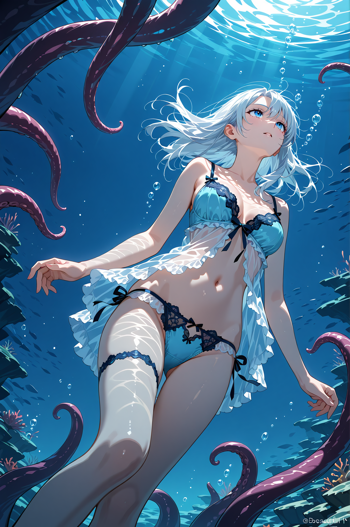 深海を舞う白髪の少女 #anime #cartoon #swimming