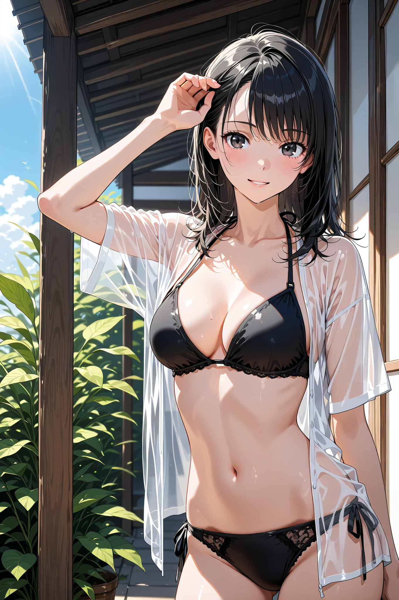木漏れ日の中で髪を整える黒髪の少女 #美少女 #セクシー #肌見せ