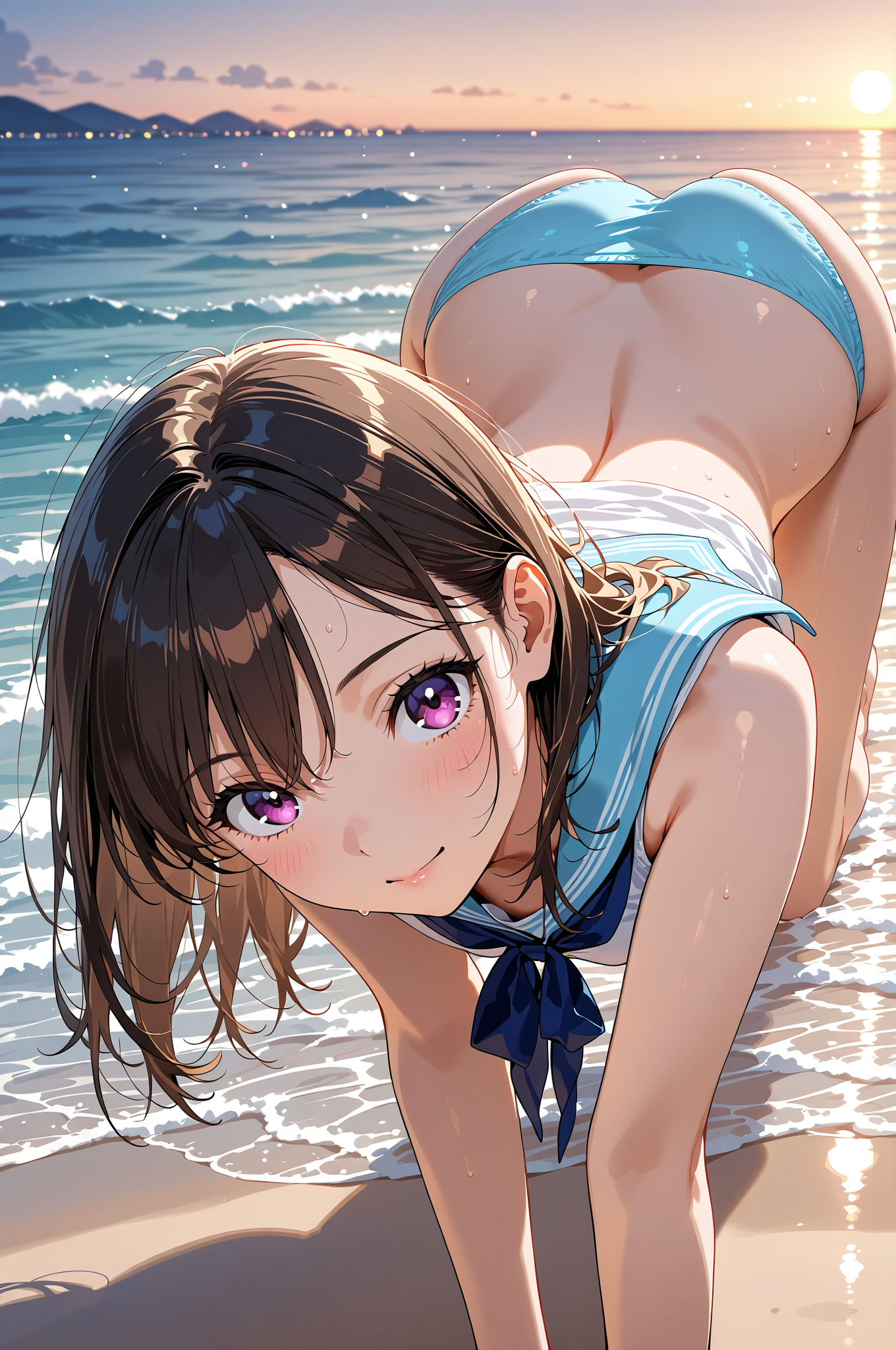 夕焼け海辺の笑顔ポートレート #美少女 #アニメ調 #笑顔