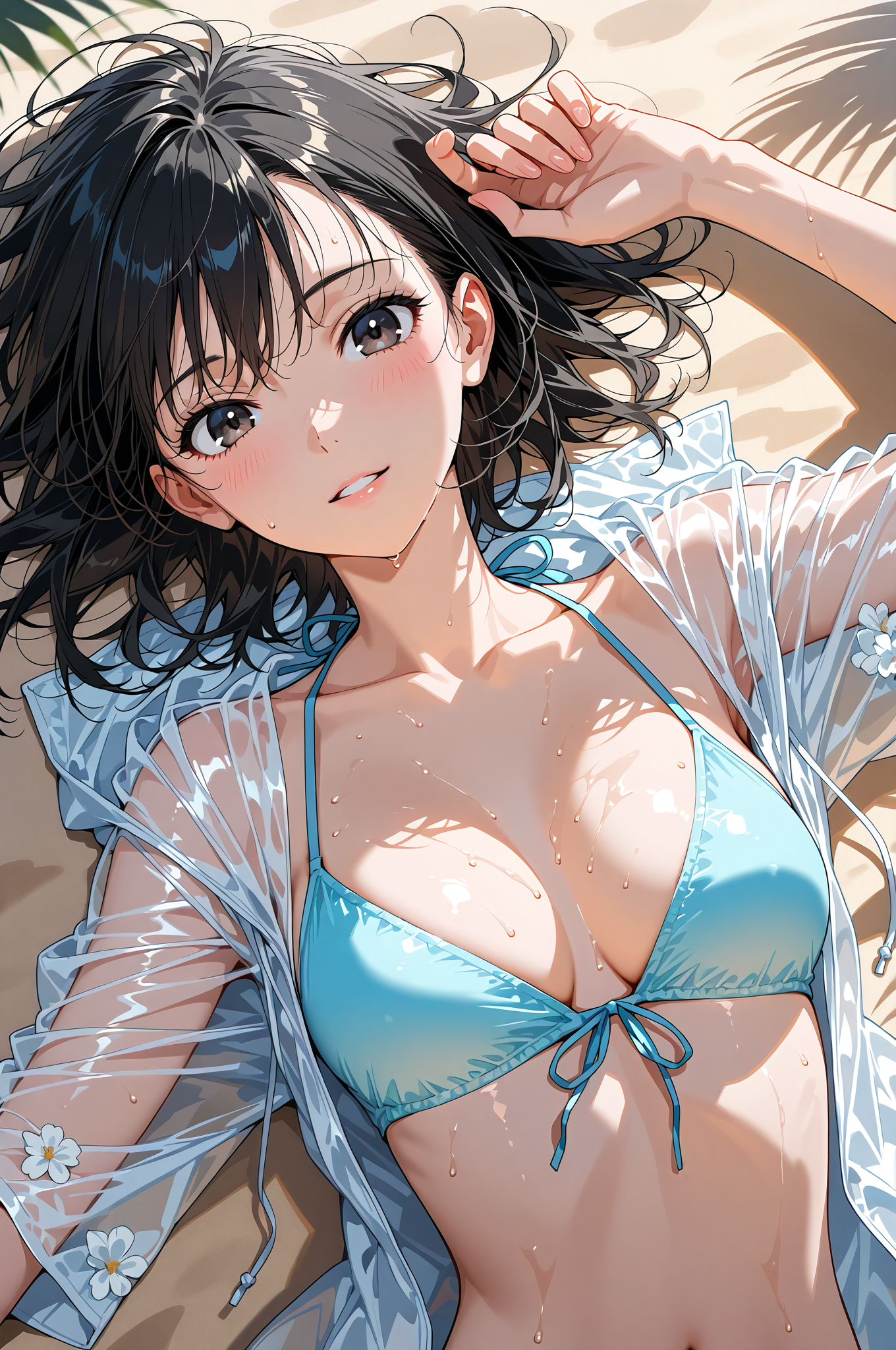 青のビキニと透け感シャツのアニメ調ポートレート #美少女 #アニメ調 #笑顔