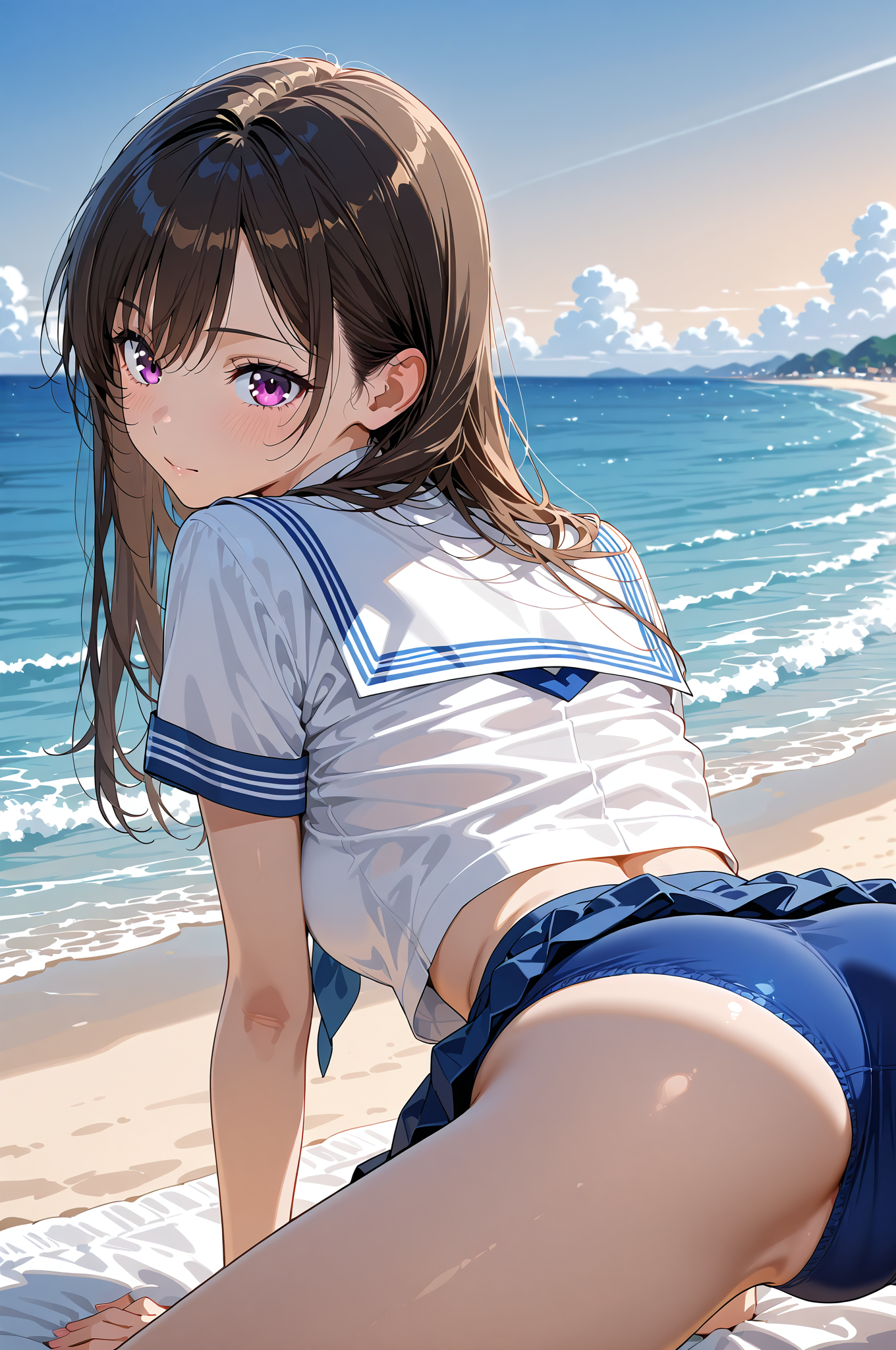 海辺の白いセーラー服ポートレート #美少女 #アニメ #青空