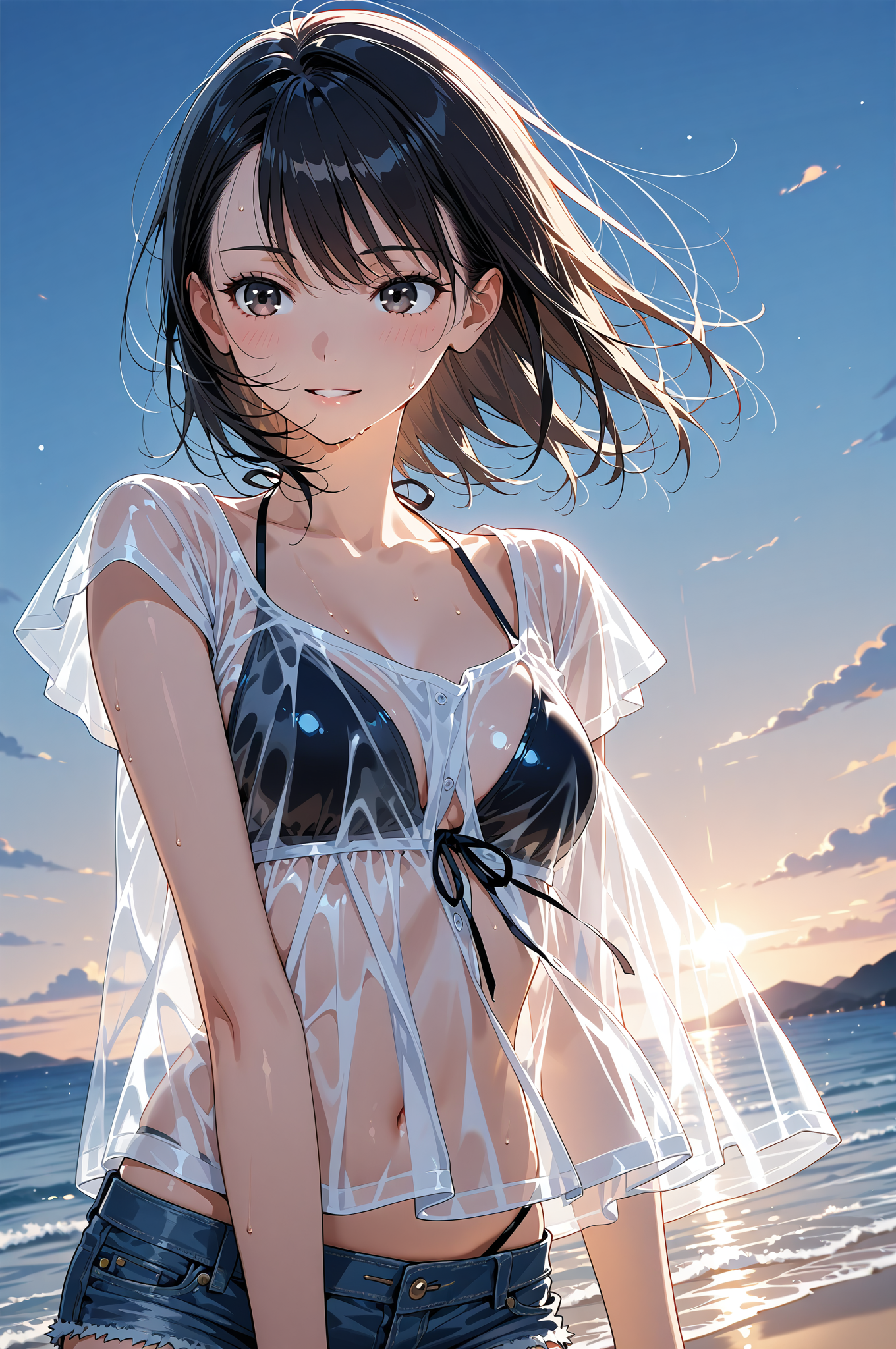 夕焼けビーチの黒髪美少女、清潔感あふれる笑顔 #美少女 #アニメ調 #屋外