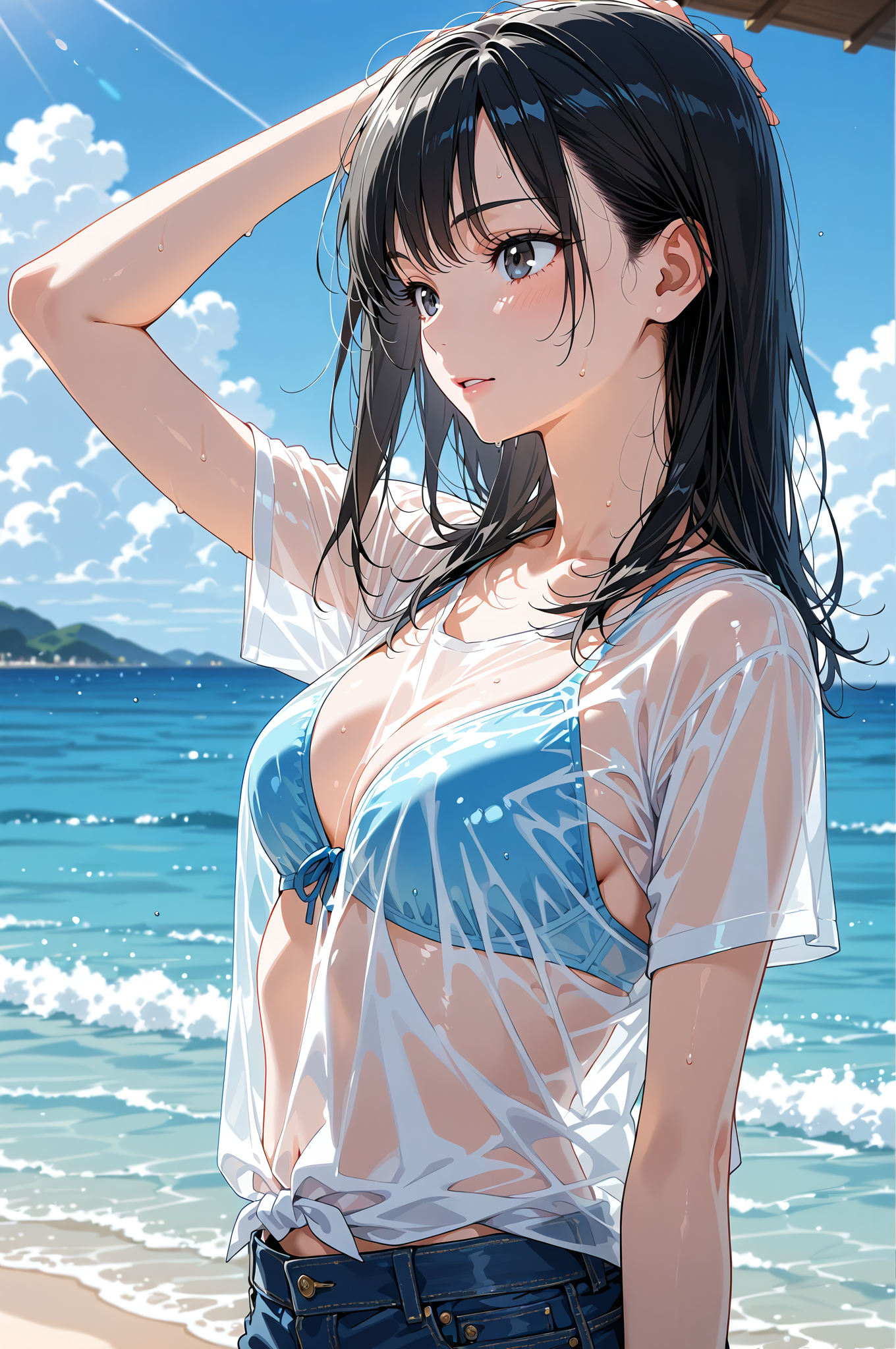 海辺の爽やかポートレート、黒髪美少女の夏の表情 #美少女 #アニメ調 #ビーチ