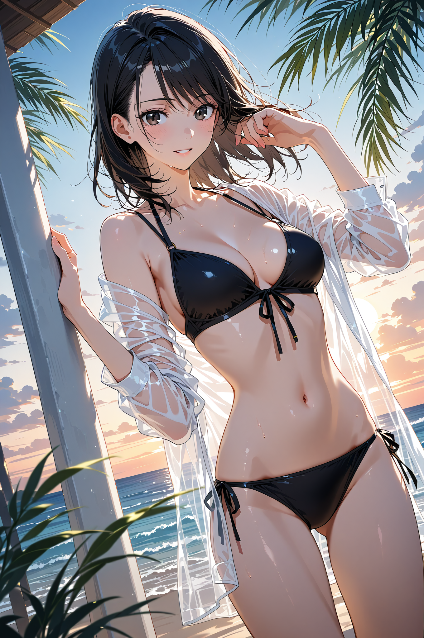 海辺のポートレート、白いシャツと黒のビキニ #美少女 #アニメ #可愛い