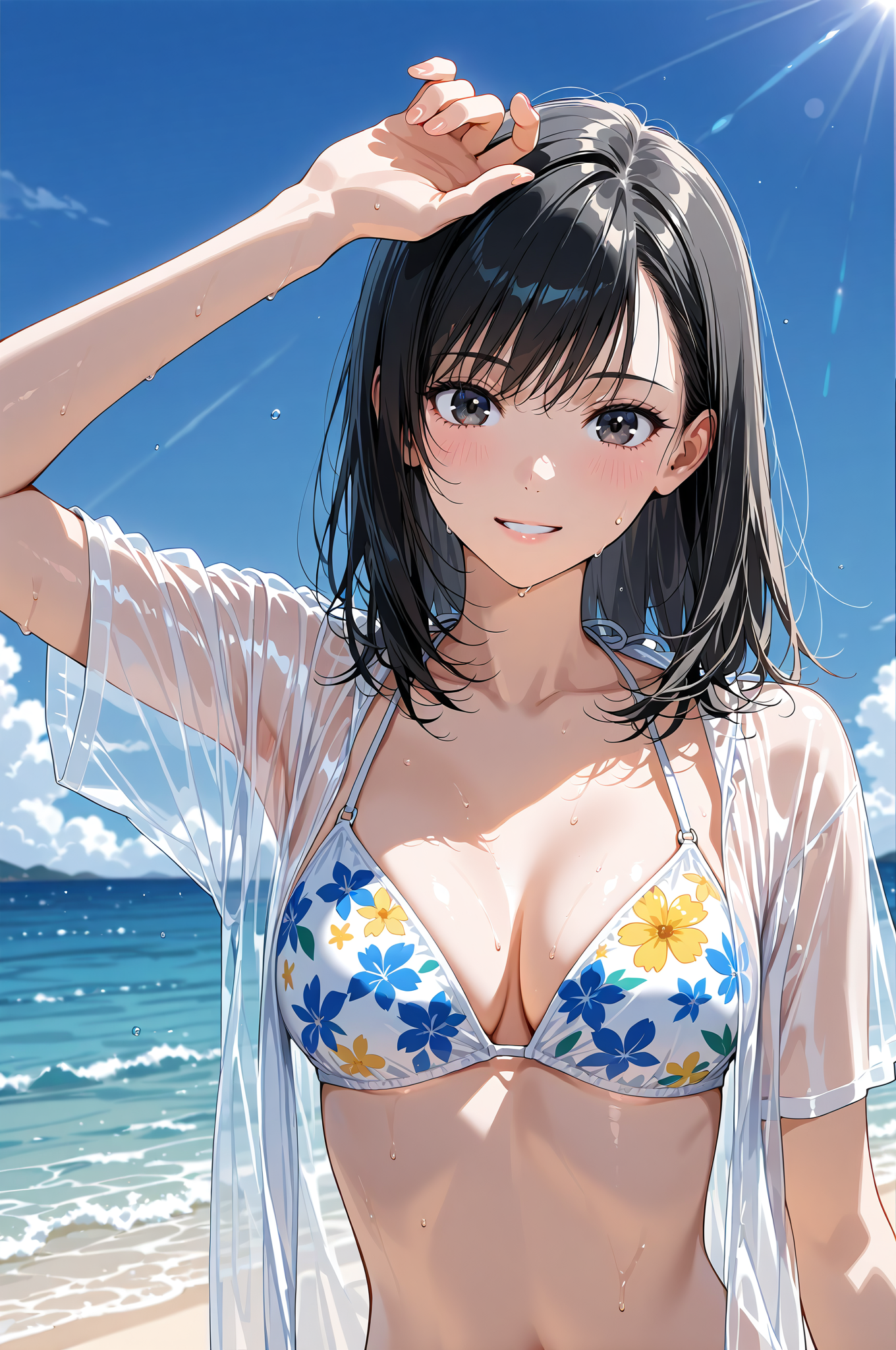 青い海と青空、黒髪の少女ポートレート #美少女 #アニメ調 #屋外