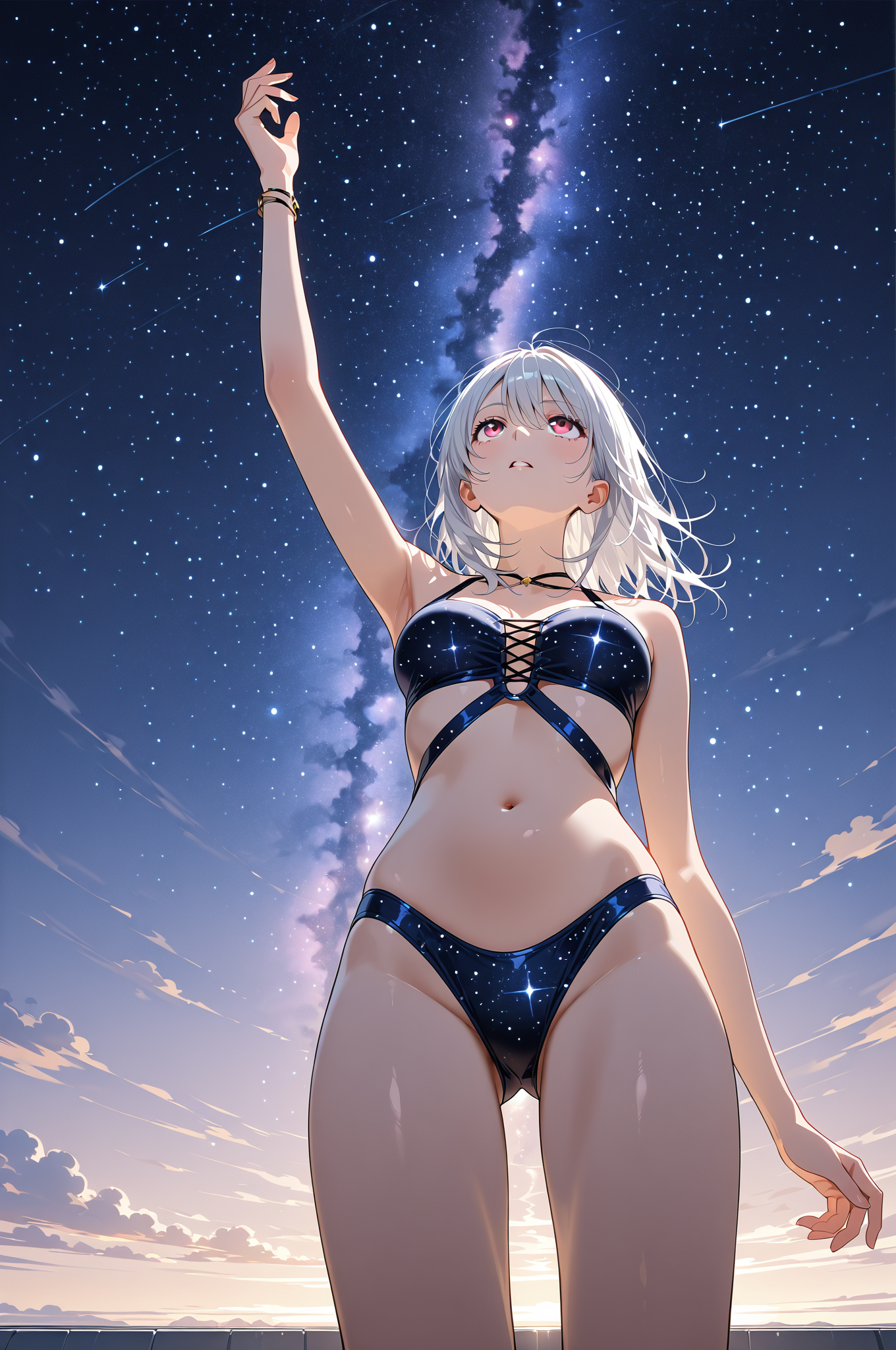 星空を仰ぐ白髪の少女 #美少女 #水着 #屋外