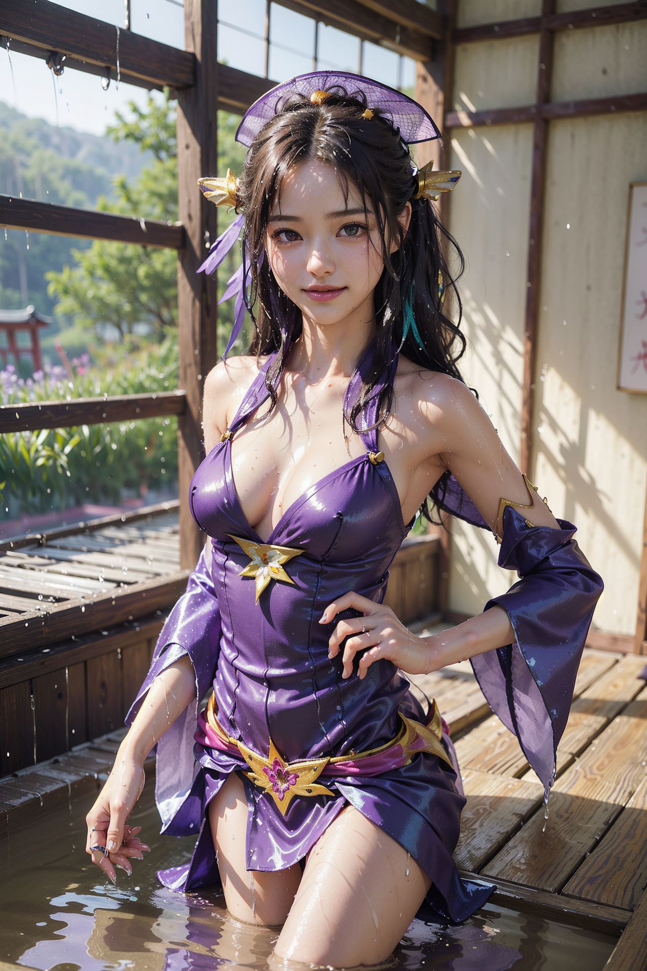 紫紋様の麗姿、古風庭園の佇まい #美少女 #かわいい #アニメ調
