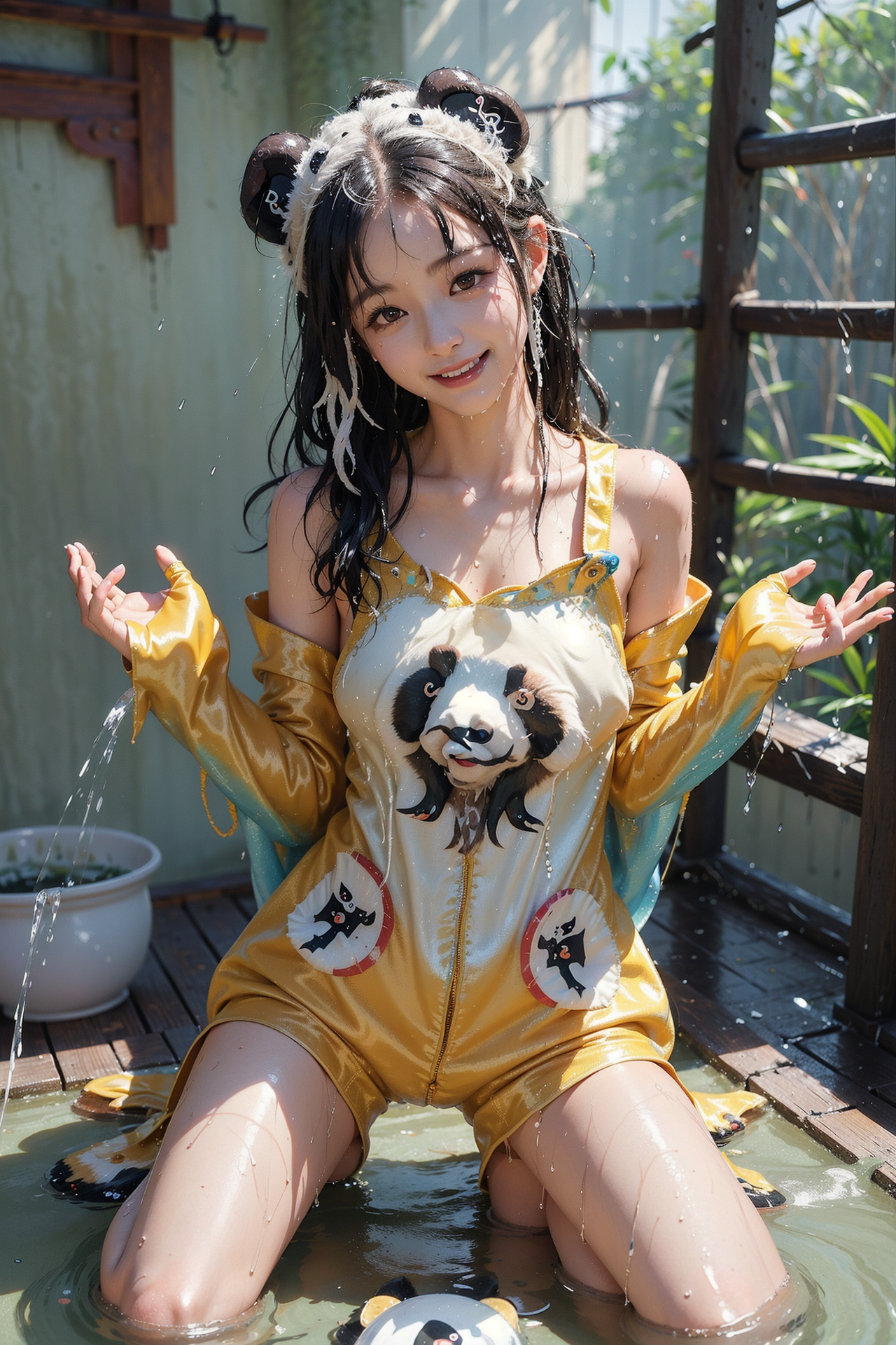 黄金色のアウトフィットで水遊びする笑顔のポートレート #美少女 #笑顔 #アニメ調