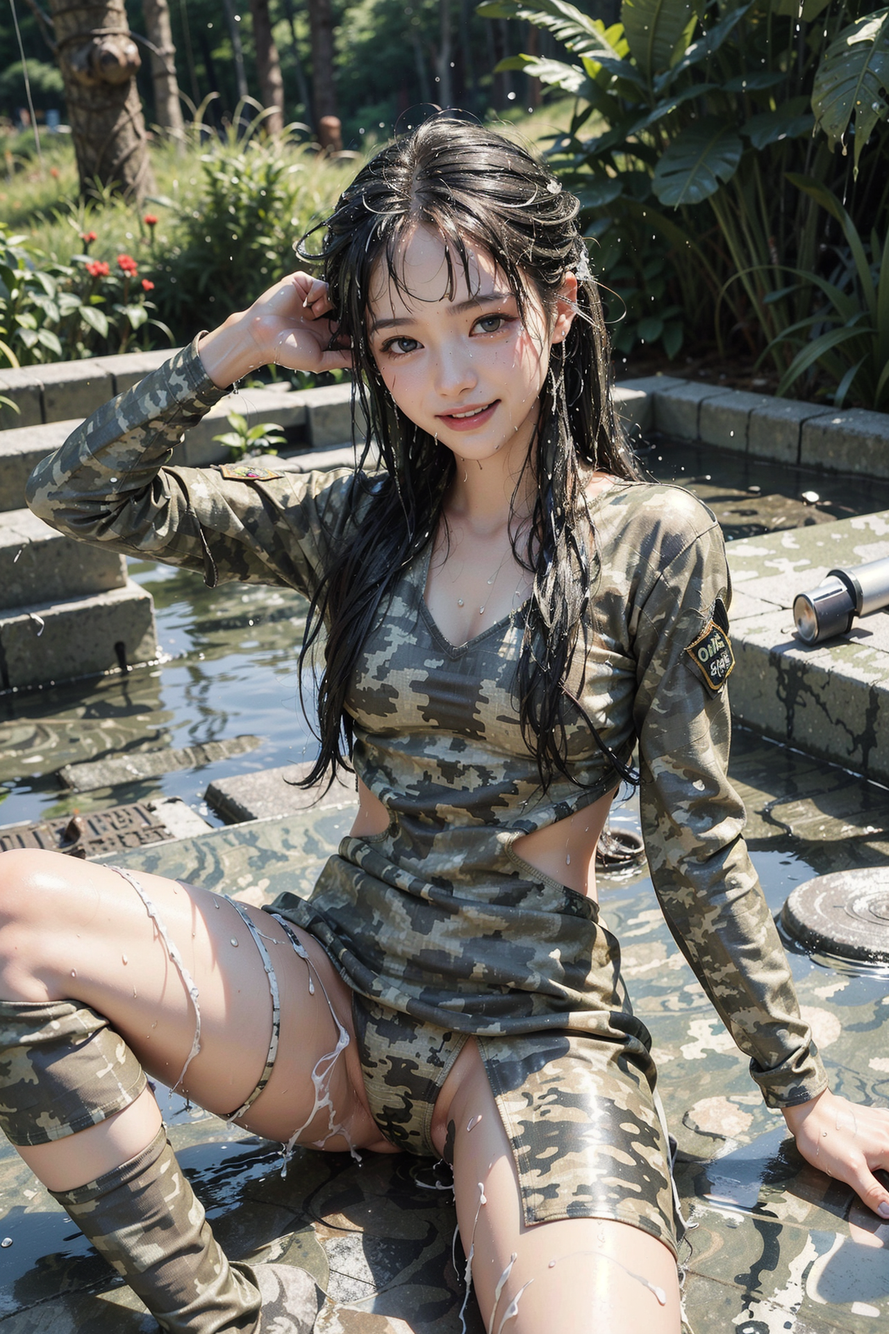 緑豊かな庭園で水遊びする少女のポートレート #美少女 #屋外 #自然