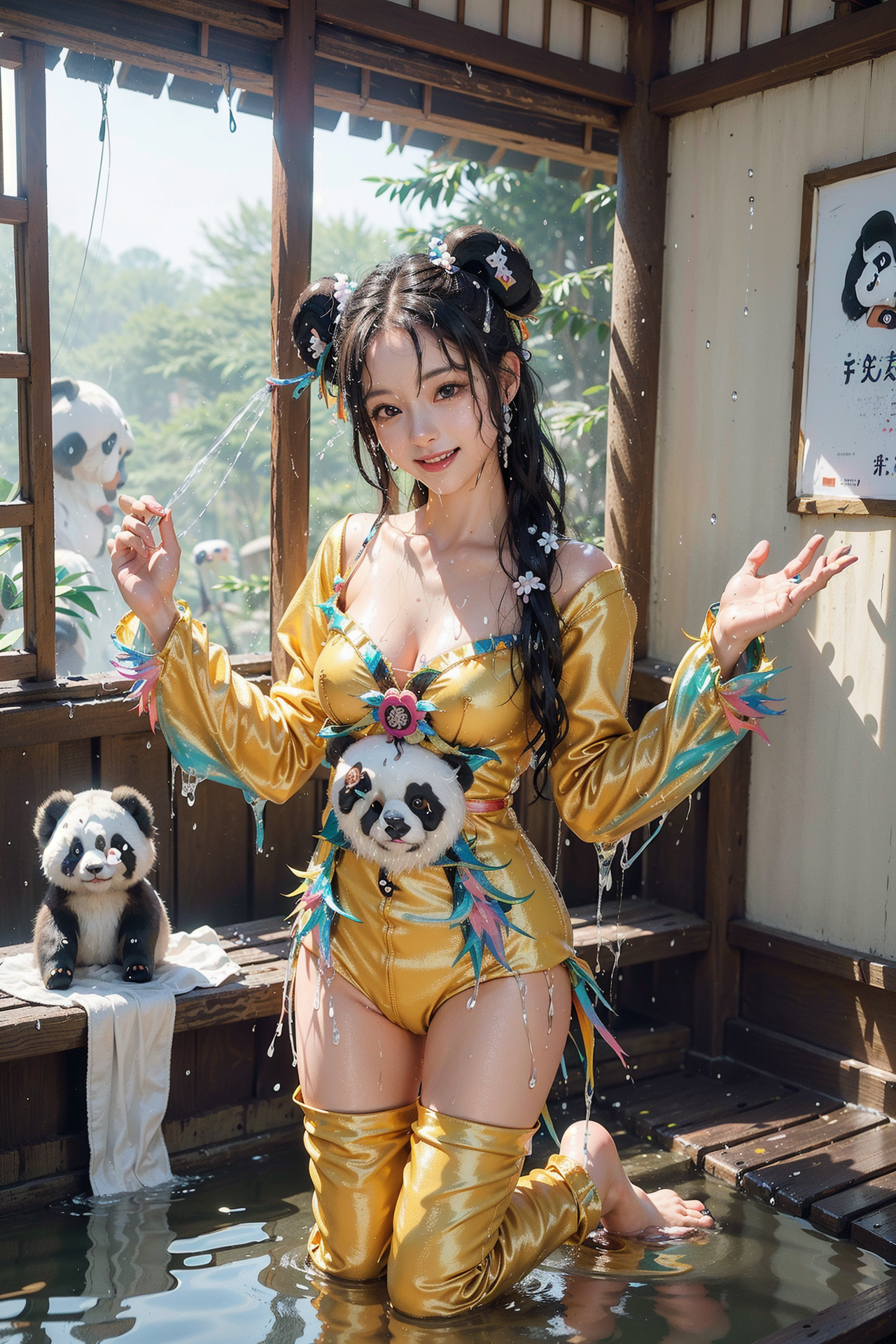 金色衣装で水辺のポートレート