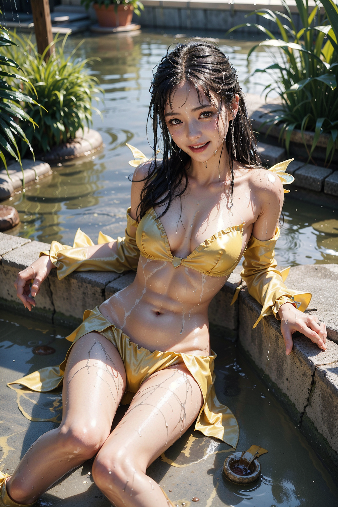 池のほとりの黄色い衣装ポートレート #美少女 #屋外 #笑顔