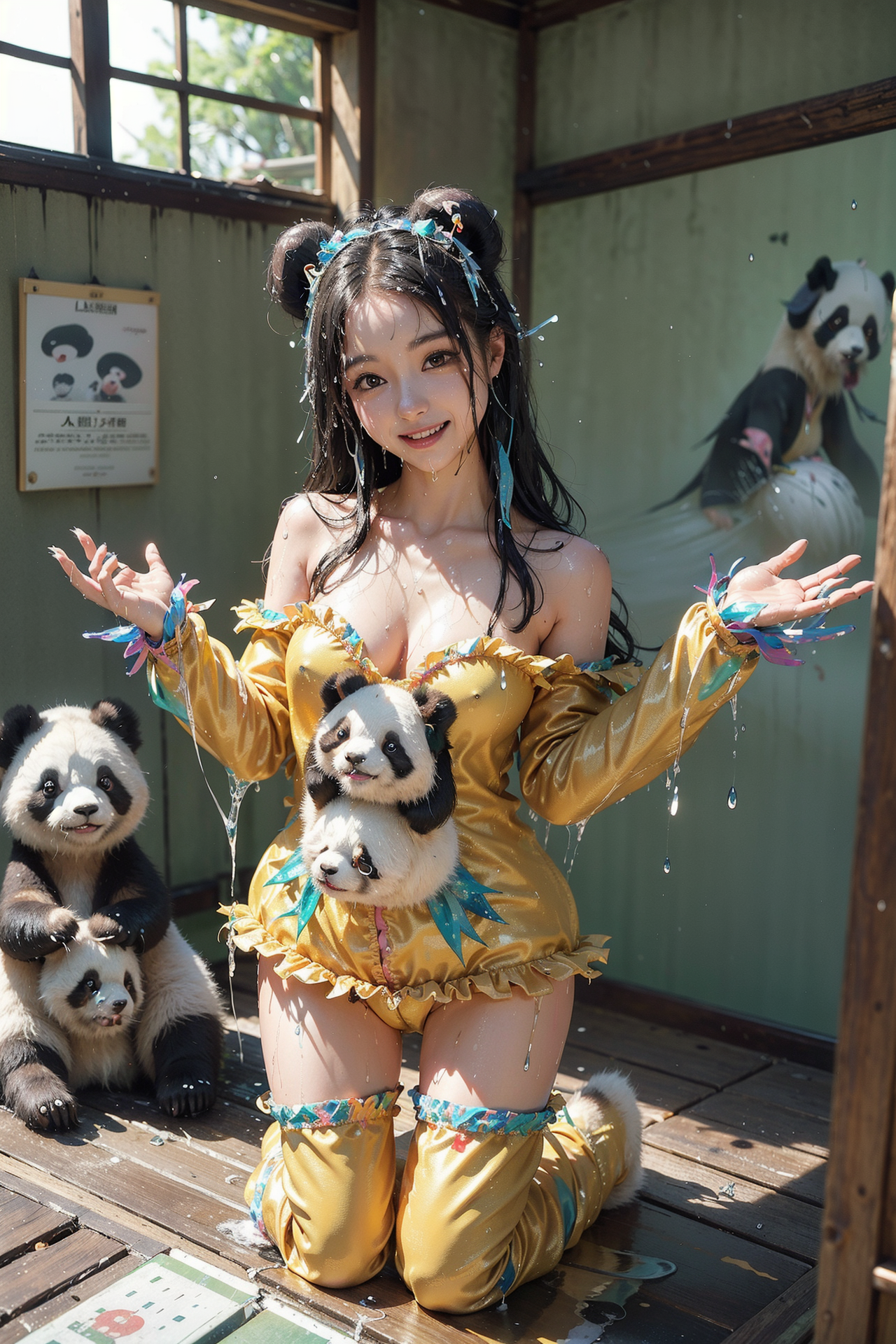 パンダと戯れる金色衣装の少女