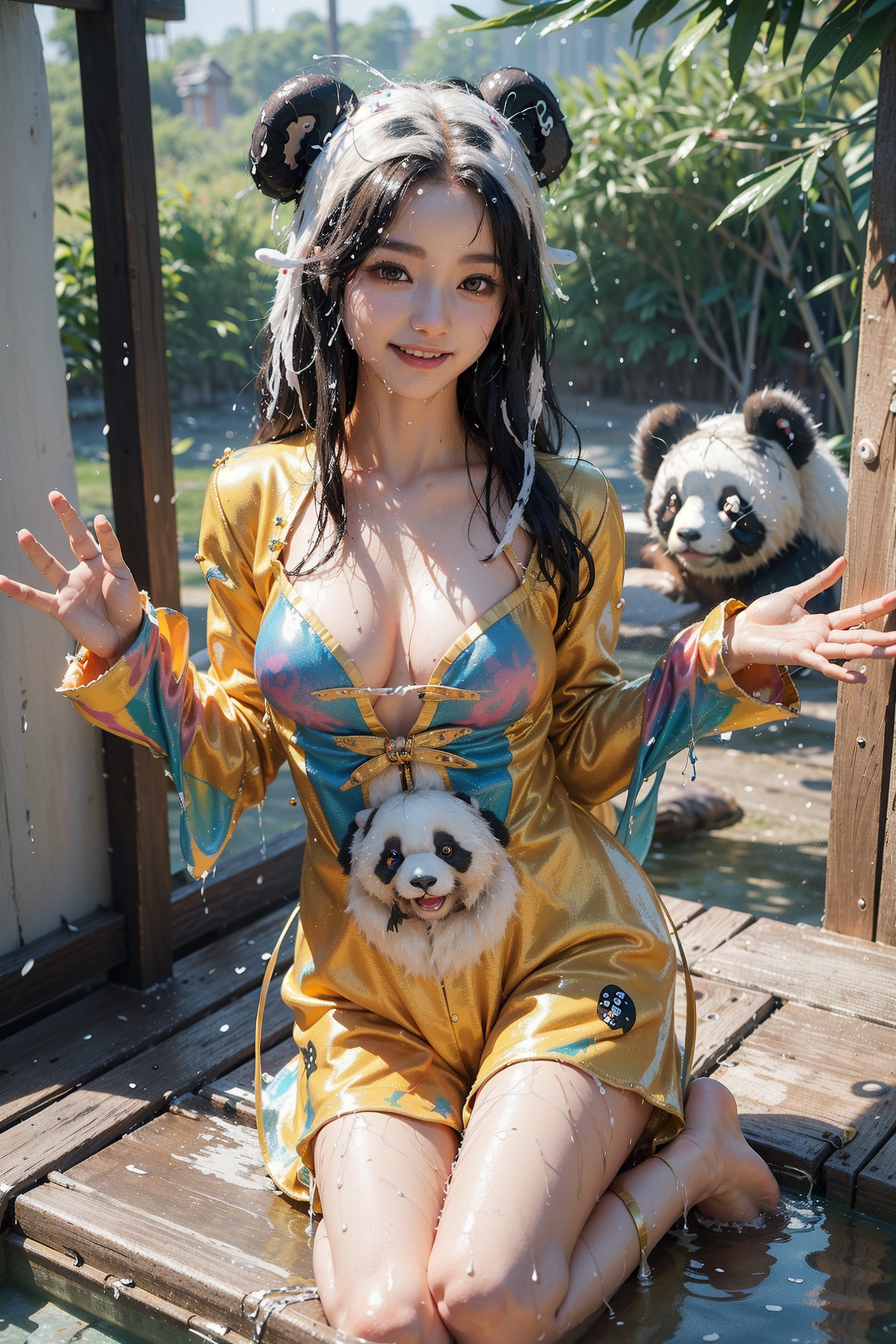 パンダモチーフの和装で微笑む少女 #美少女 #笑顔 #屋外