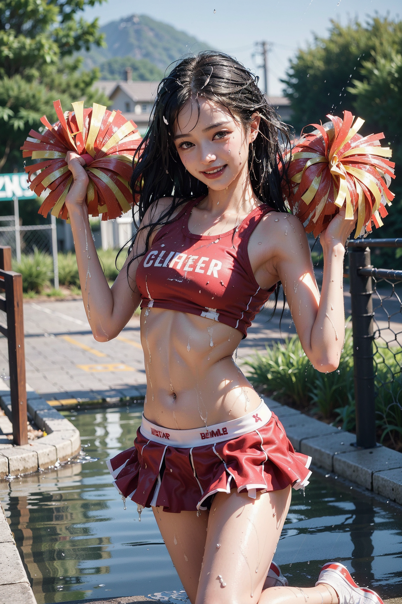夏の屋外ポートレート、赤いチアコスチューム姿の笑顔 #美少女 #屋外 #かわいい
