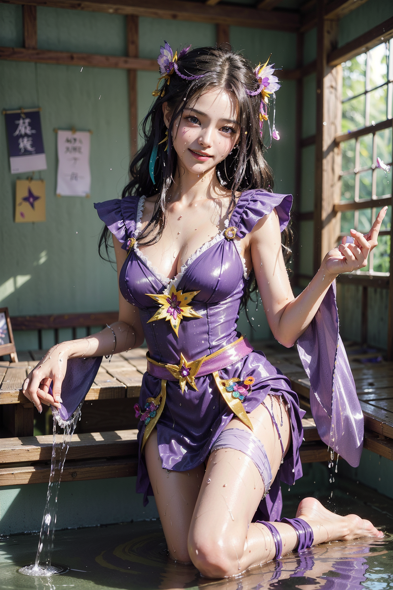 紫花飾りの和風美少女ポートレート #美少女 #アニメ調 #笑顔