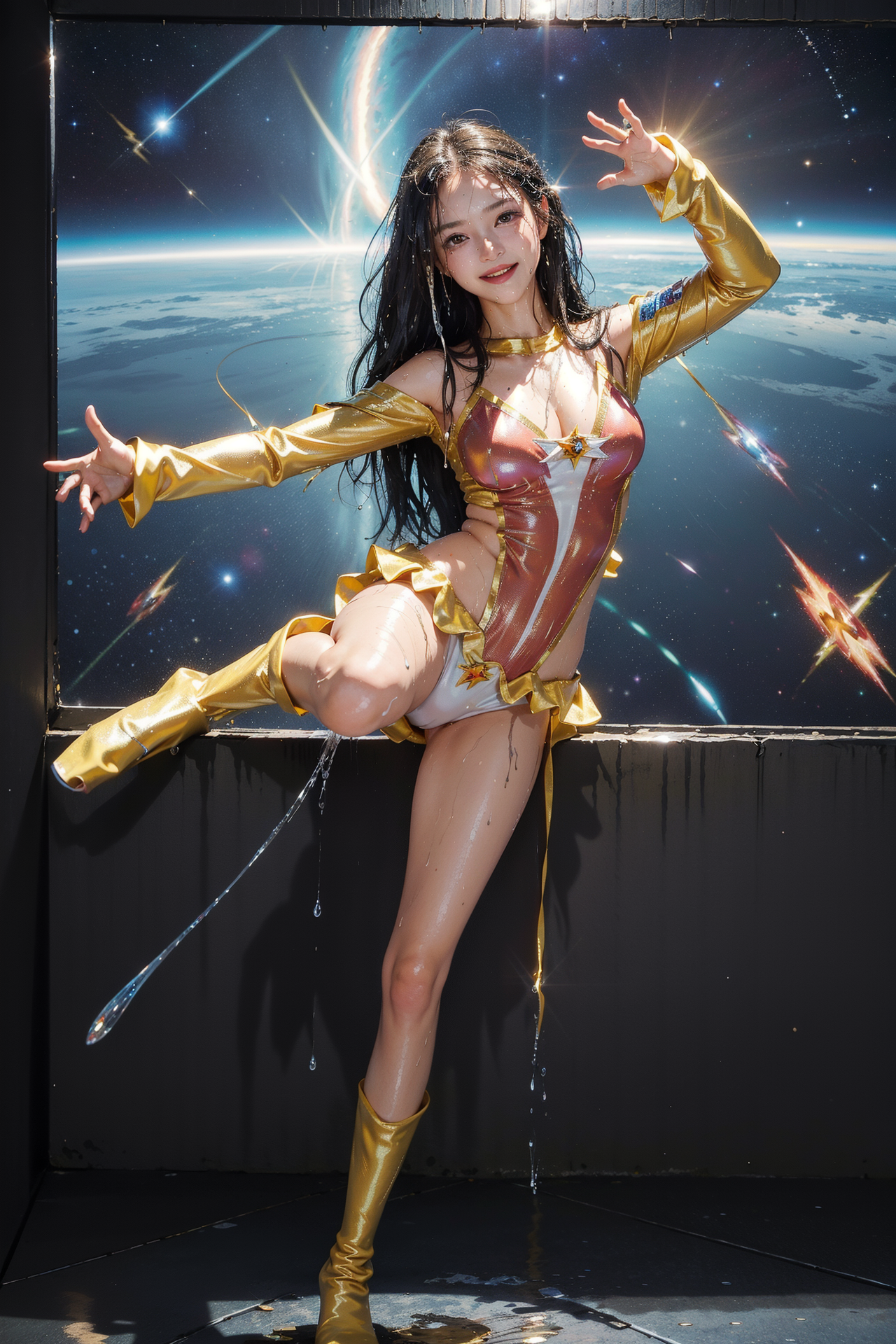 宇宙を背景にした金色衣装のダンスポーズ #美少女 #ダンス #元気