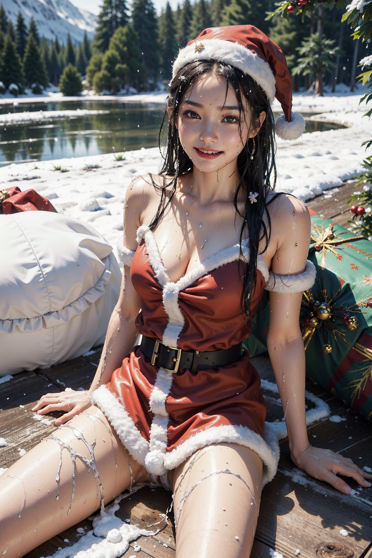 冬の湖畔でサンタコスプレする黒髪美少女 #美少女 #屋外 #自然