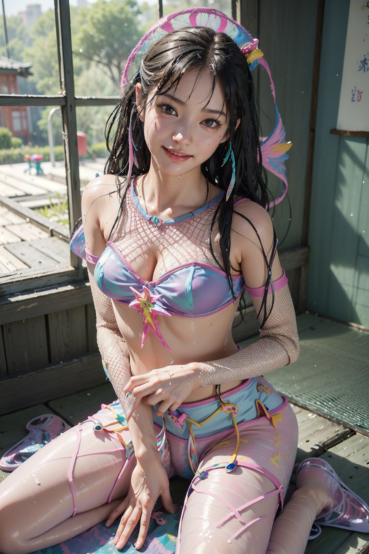 虹色アクセサリーの黒髪美少女 #美少女 #笑顔 #長髪