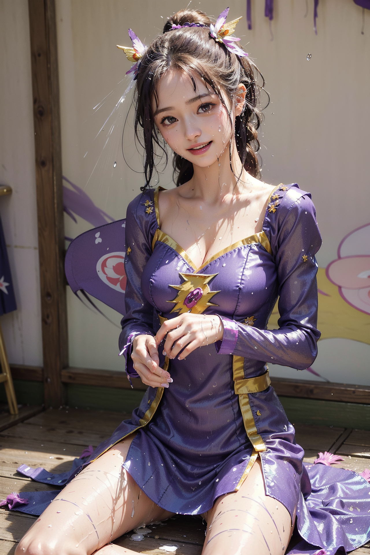 紫の優雅なドレスと羽飾りの笑顔ポートレート #美少女 #アニメ調 #笑顔