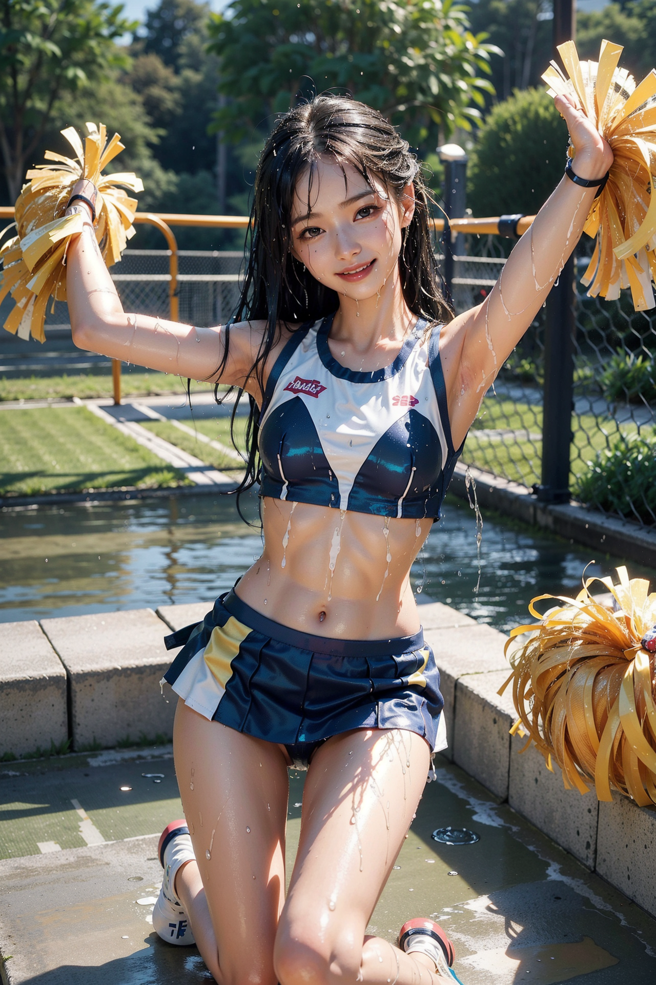 水辺で笑顔のポートレート、金色のポンポンとともに #美少女 #笑顔 #屋外