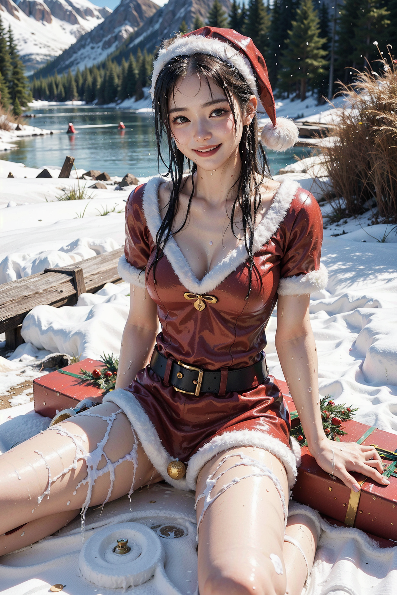 雪原の湖畔でサンタ衣装を身にまとう笑顔の美少女 #美少女 #屋外 #冬