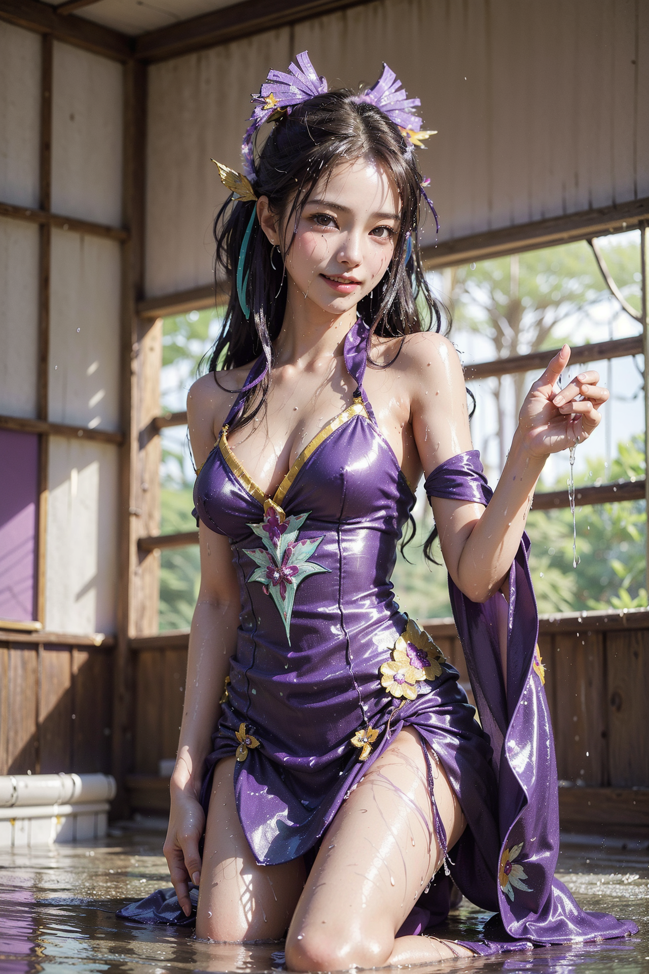 紫の花飾りドレス、和風建築の水中ポートレート #美少女 #アニメ調 #ファッション