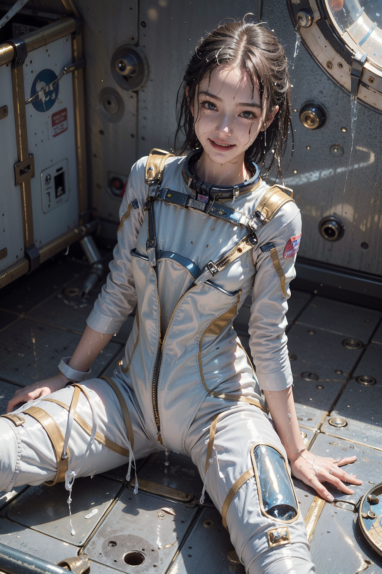 宇宙船内の笑顔、白いスーツの美少女 #美少女 #笑顔 #アニメ調
