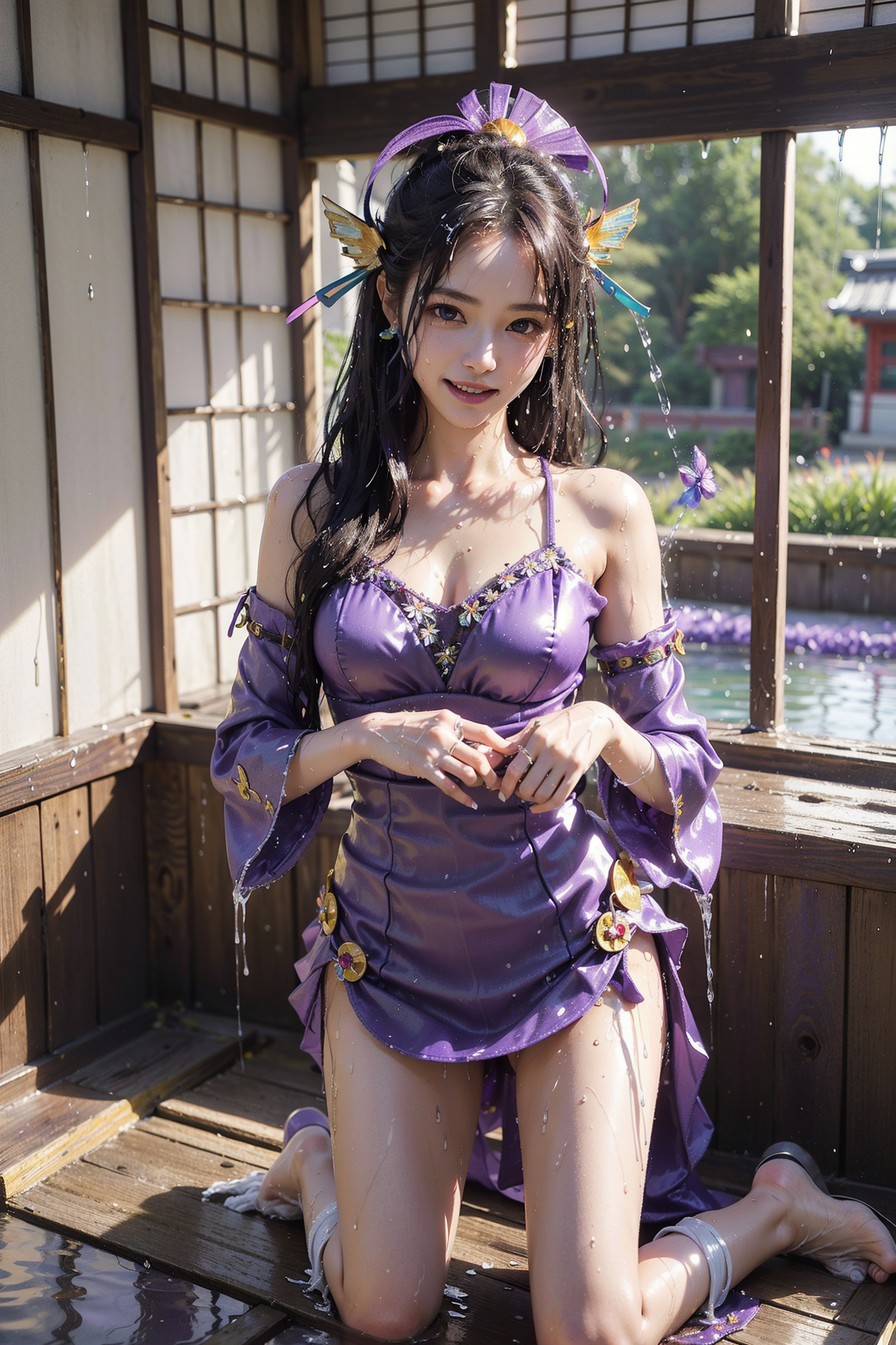 紫の優雅な和装ドレス、庭園での笑顔ポートレート #美少女 #ファッション #清楚
