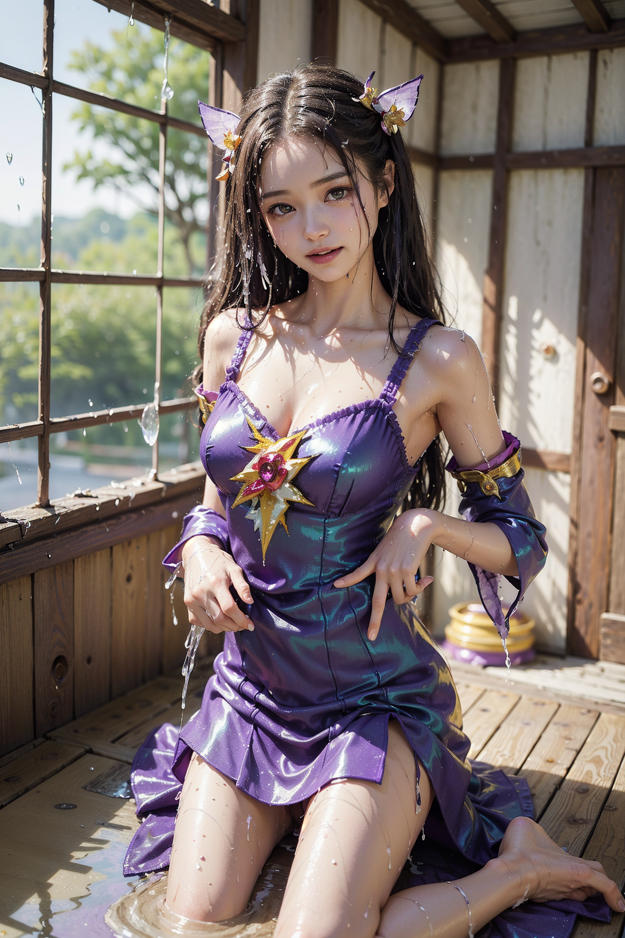 紫色のドレスと妖精の耳飾り、和風の窓辺で微笑む #美少女 #アニメ調 #笑顔