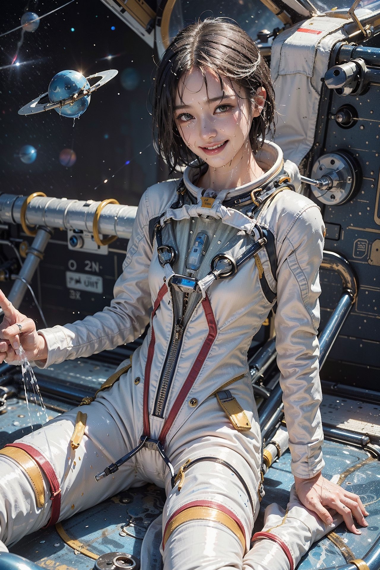 宇宙ステーションでの笑顔、白い宇宙服姿の少女 #美少女 #宇宙服 #アニメ調